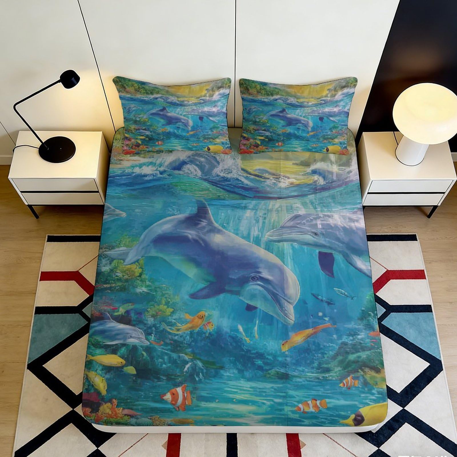 3D Printed Ocean Dolphin Fitted Sheet Microfiber Soft Breathable Coral Reef Bed Cover for Bedroom Dorm Decor Mattress Protection 90x200x25cm