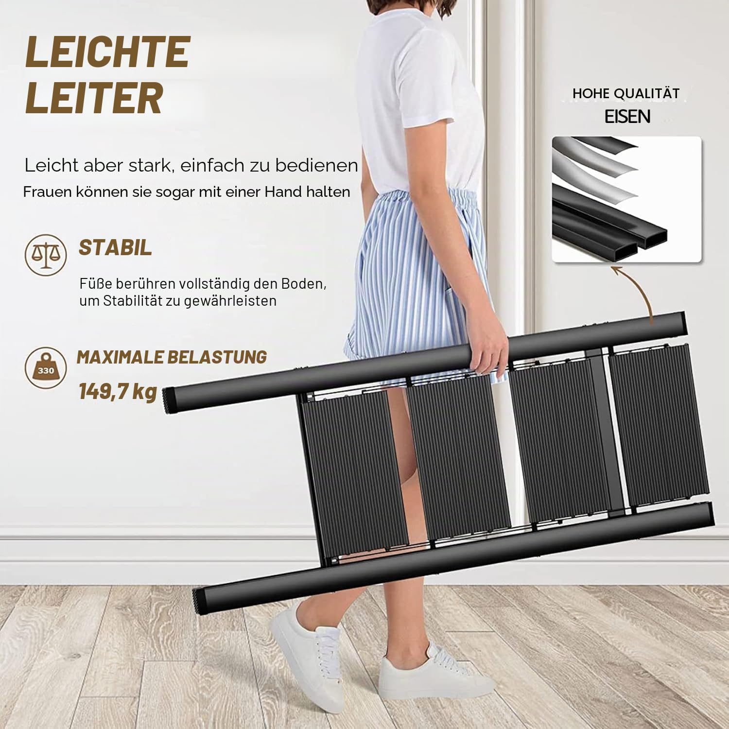 4-stufige Leiter, praktische Klappleiter, breite Stufen, kann als Regal verwendet Werden, 150 kg Belastung, Schwarz