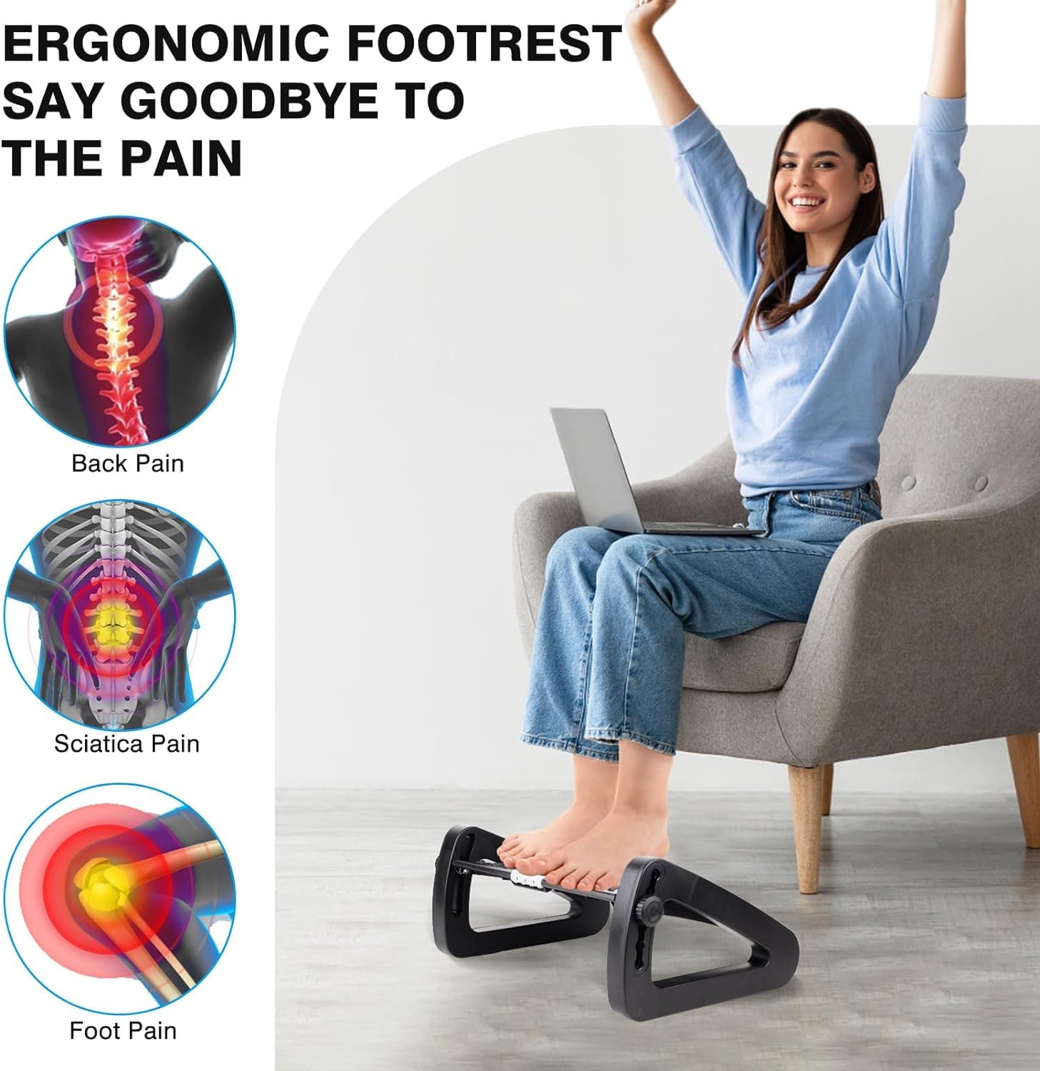 FWQPRA Foot Rest | Six Height Adjustable Foot Rest for Under Desk at Work | Ergonomic Foot Stool for Under Office Desk | Under Desk Footrest with Foot Massage Roller for Leg Rest (Black) 2