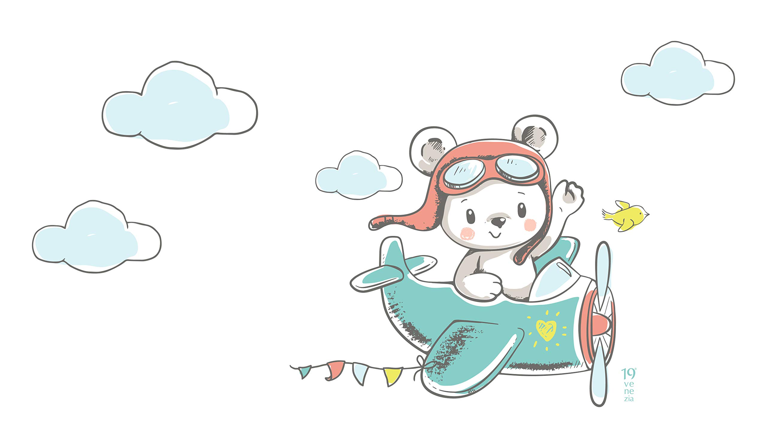 Adesivo Sticker murale per bambini - Orsetto Spaziale - Decorazione parete, adesivi per muro (Aeroplano 66×57cm)