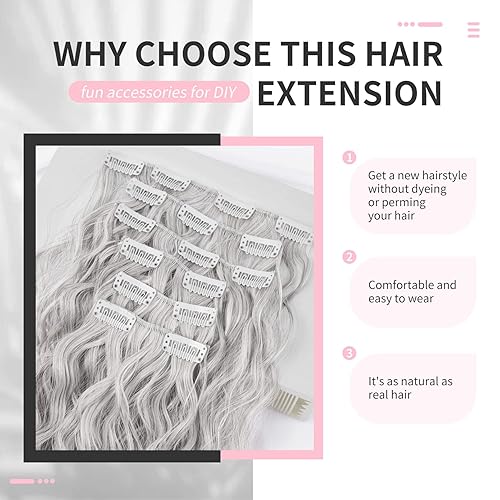 Miniatura 4 de FLUFYMOOZ Extensiones de cabello con pinzas, 6 extensiones de cabello sintético ondulado con clip para mujer, 24 pulgadas (mezcla de