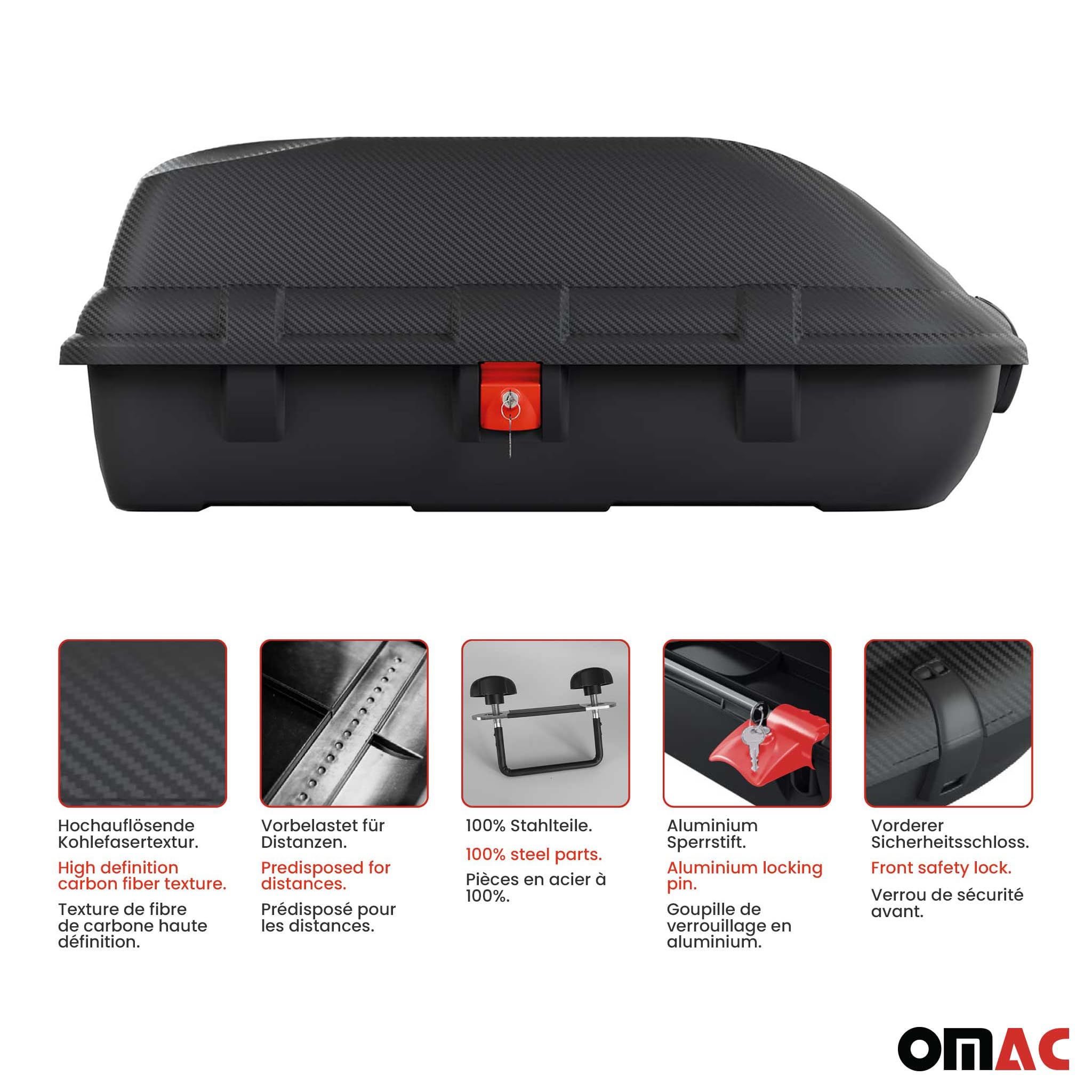 OMAC Coffre de Toit pour – Certifié TÜV – Système Avant Aluminium Verrouillable – 55 kg Charge Max – 270L