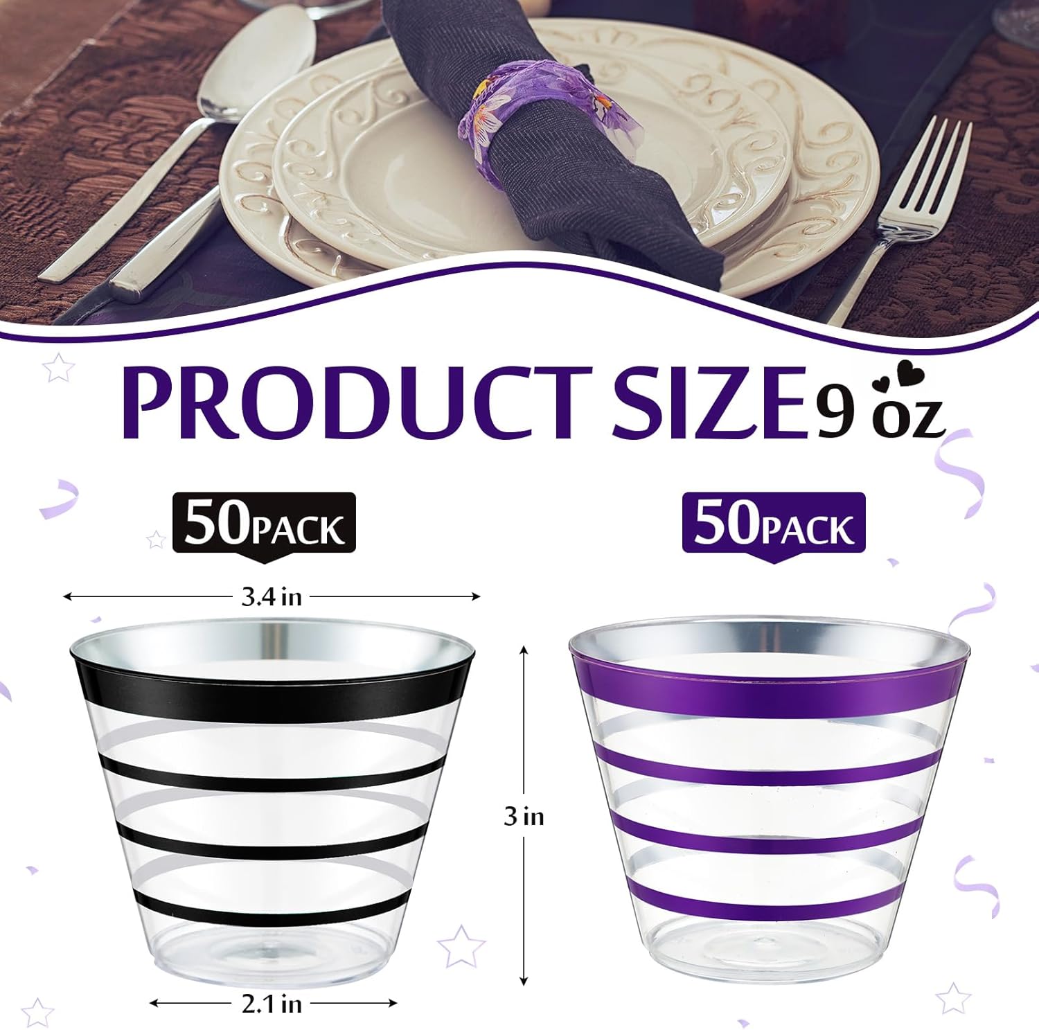 Gejoy 9 oz Black and Purple Rimmed Stripe Plastic Cups Bulk Disposable Wine Hard Plastic Drinking Cocktail Cups Tumblers for Wedding Gathering Party Supplies(black, Purple, 100pcs)