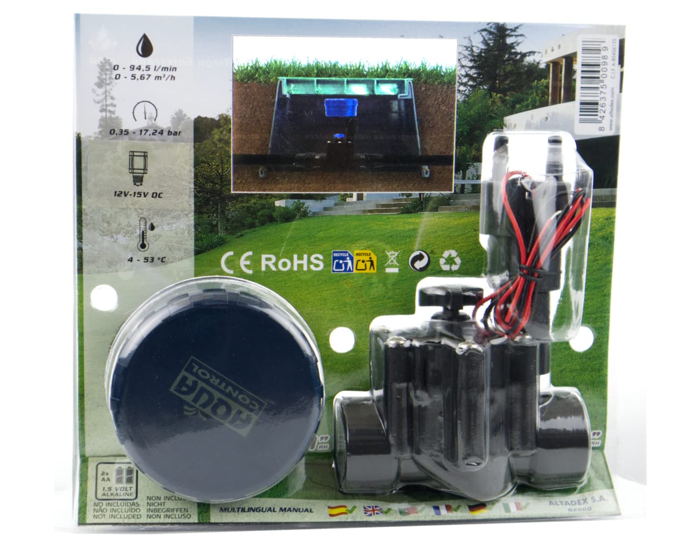 Aqua Control Programador de Riego Digital con Electroválvula de Solenoide Latch. con 2 Programas de Riego Independientes, con válvula para Arqueta. Ideal donde no hay corriente eléctrica, Negro