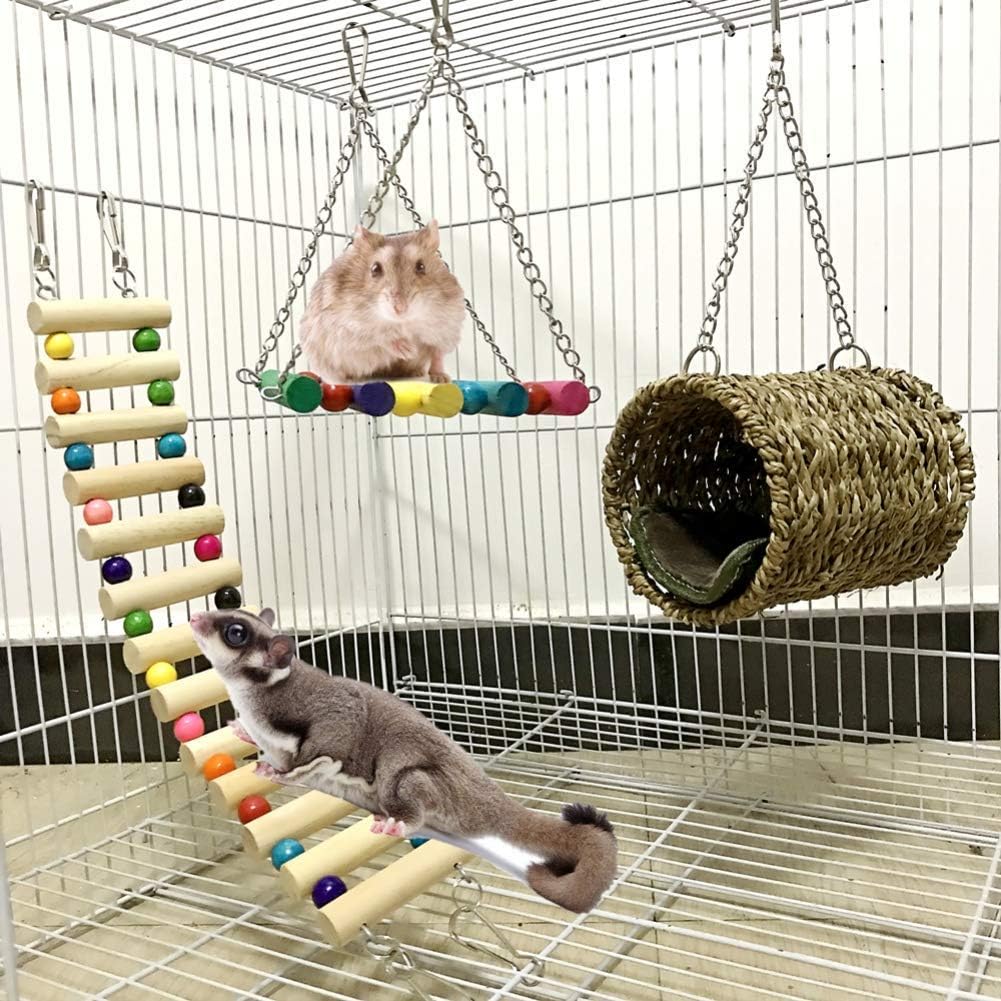 Hamster Toys - 3 Pack Hanging Ladder Hammock Swing for Small Animals - Rat, Hamster, Gerbil, Degu, Guinea Pig, Squirrel, Ferret, Parrot