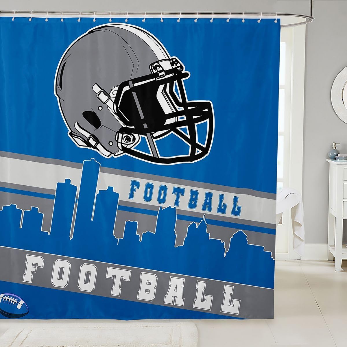 Erosebridal Football City Shower Curtain 72" Wx72 L Football Shower Curtain Sets for Boys Girls Blue Grey Rugby Game Bathroom Curtains Football Fans Sports Ball Team Bath Curtain