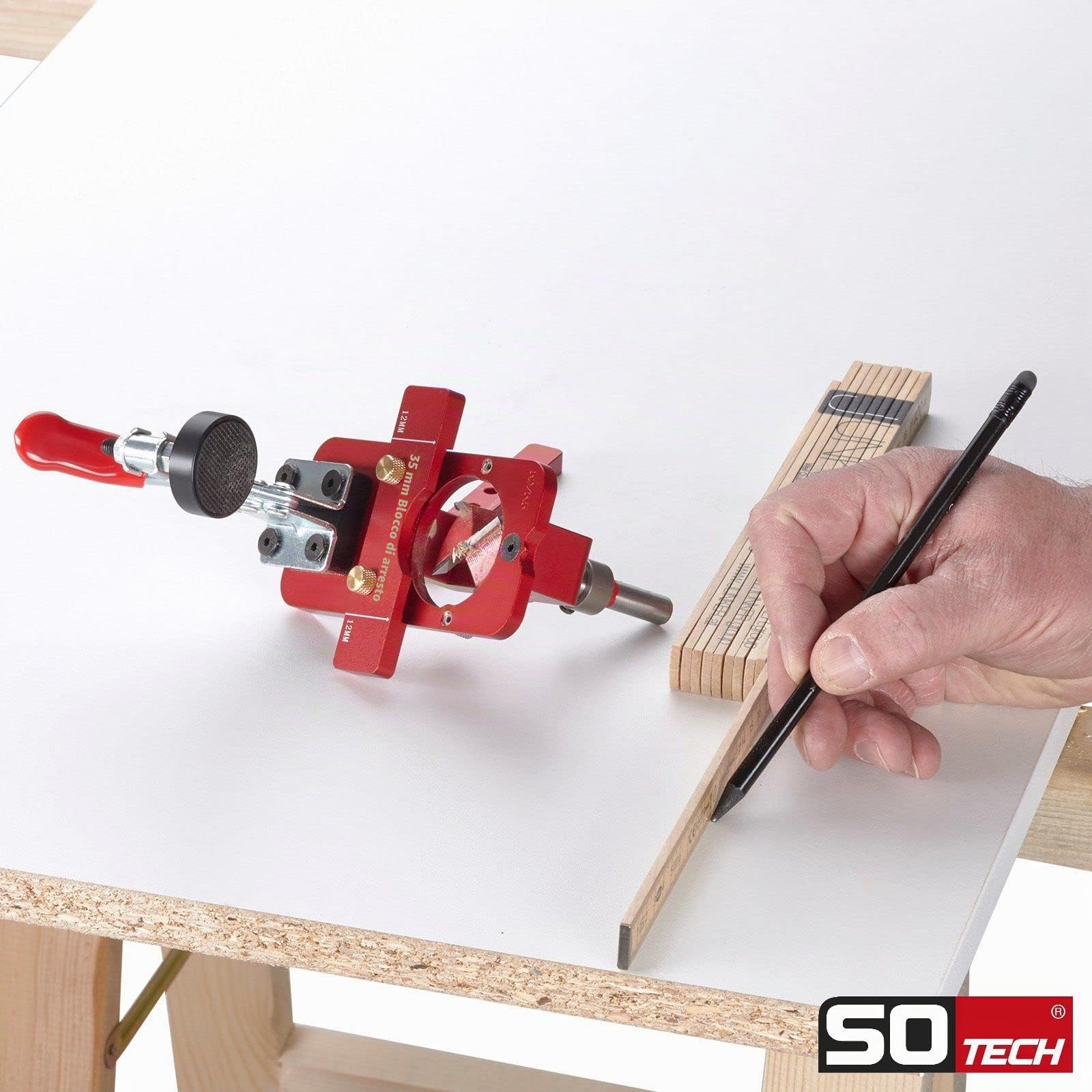 SOTECH Dima di foratura di precisione in alluminio THE ORIGINAL con guida a sfera e punta SENSYS TH52 con scodellino da 35 mm