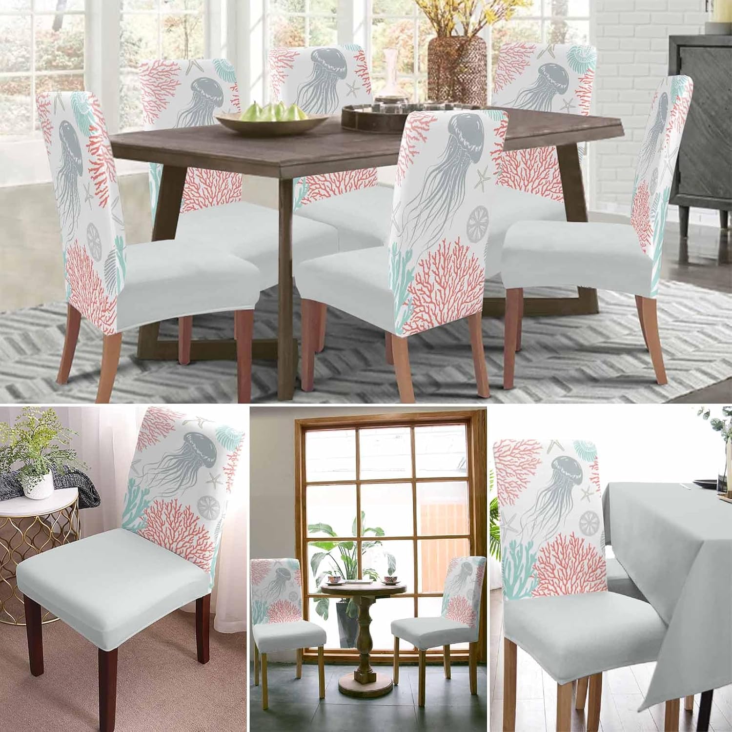 Coral Turquoise Dining Chair Cover Set of 6,Coastal Grey Jellyfish Starfish Ocean Stretch Chair Protectors Slipcover,Spandex Kitchen Chair Seat Back Cushion Slip Cover for Dining Room,Party,Hotel