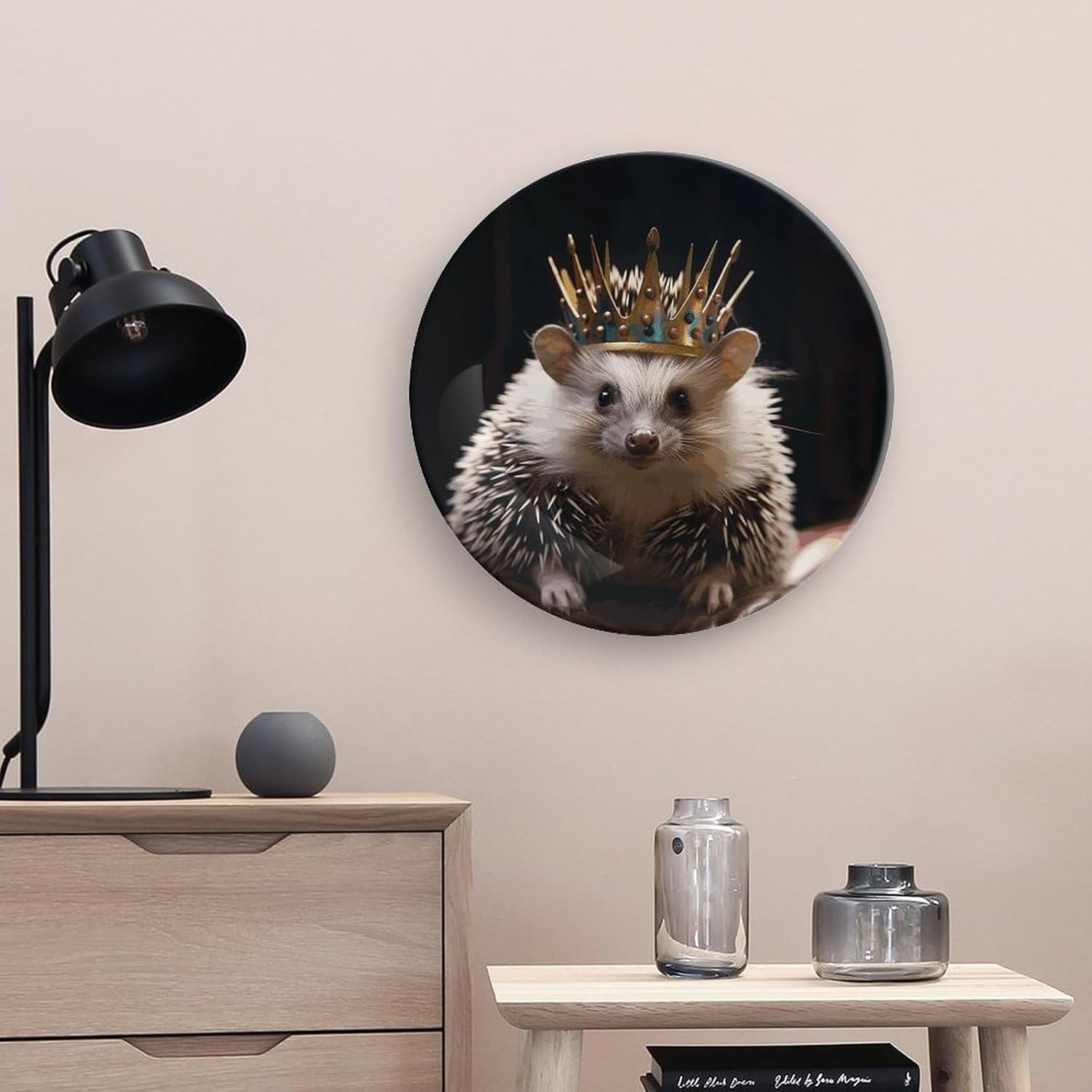 Crown with Hedgehog Ceramic Plate 10inch Decorative Bone China Wall Hanging Ornament Plates Bohemian Style Dinner Plate with Display Stand Cabinet Display Plates for Home Art Decor