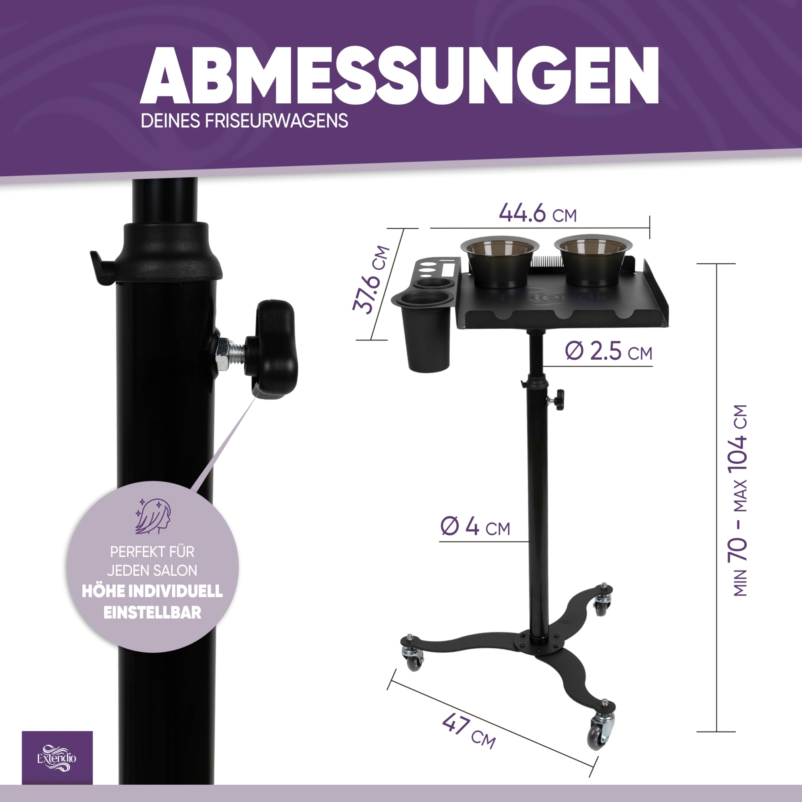 Mobiler Friseurwagen Salon Trolley mit 2 magnetischen Schüsseln, Fönhalterung, hitzebeständig, Kammlineal für Extensions