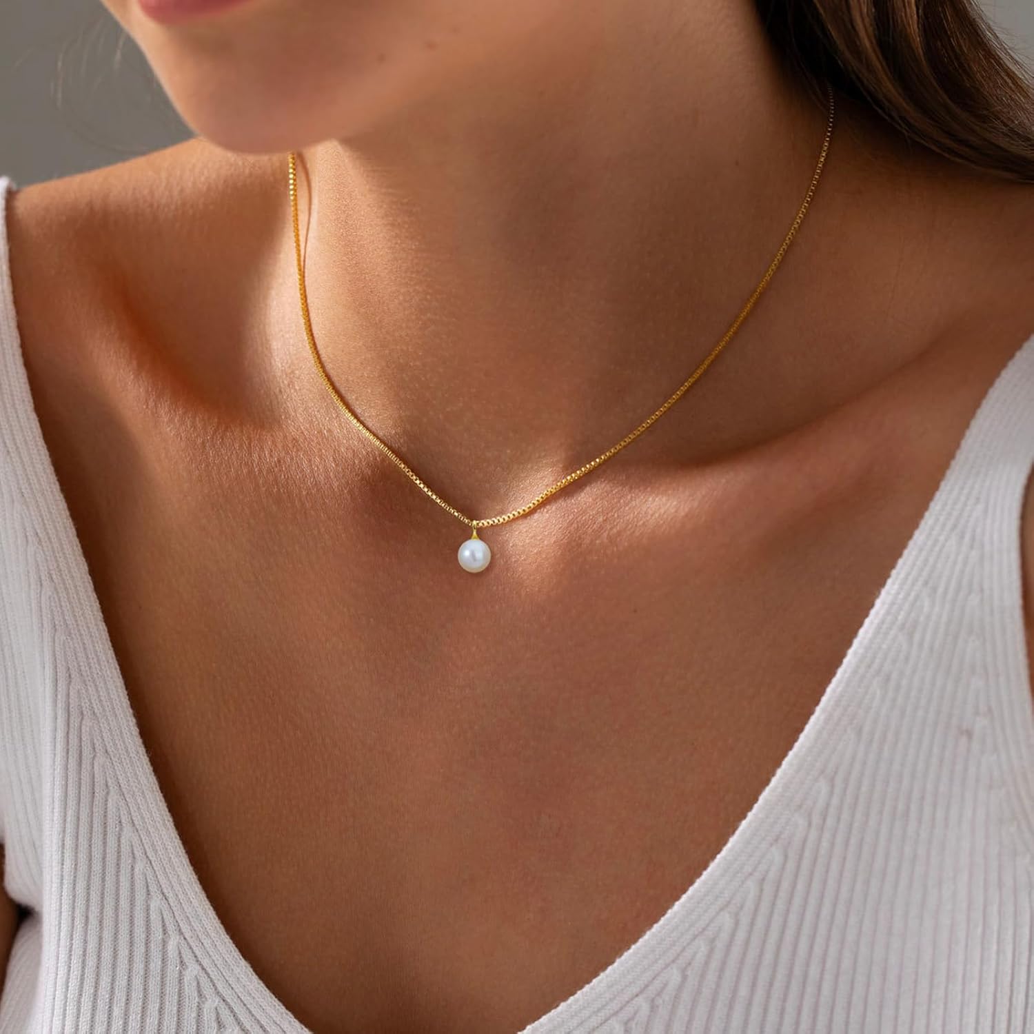 Gold Pearl Necklace for Women Trendy, Simple 14K Gold Plated Box Chain Choker, Dainty Charm Necklace - Image 3
