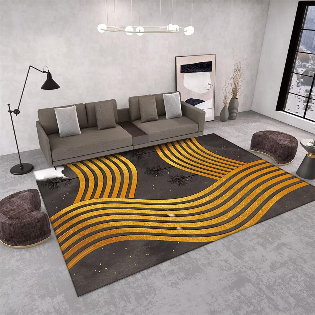 Tapis moquette de chambre fille gris-jaune 70x200cm à lignes