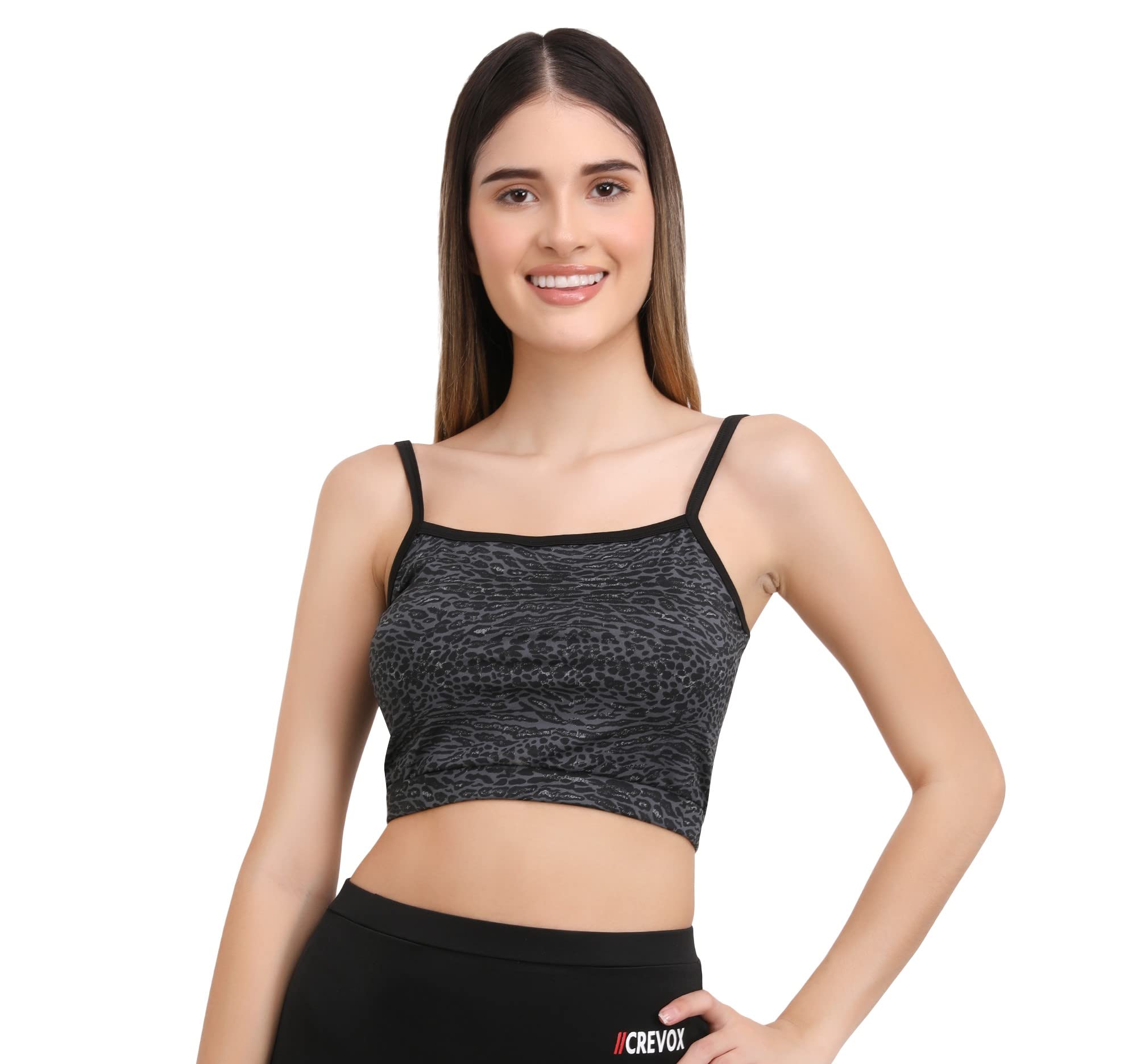 CREVOX Black Leopard Printed Padded Sports Crop Top for Womens