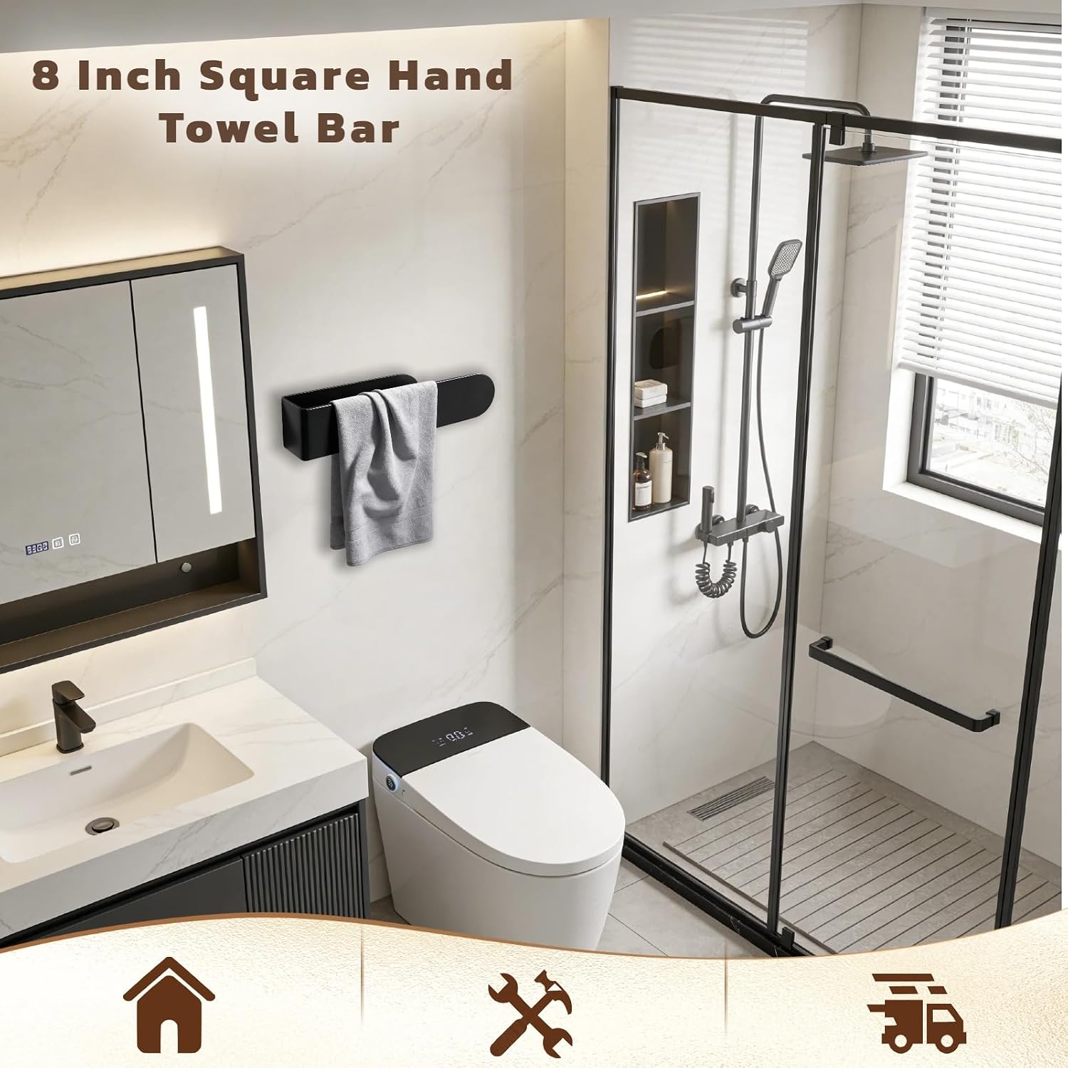 2Pcs Hand Towel Holder, 8 Inch Bathroom Towel Rack, Self Adhesive Mounted, Black No Drill Square Hand Bar, Stick On for Kitchen Shower Wall Cabinet Bedroom