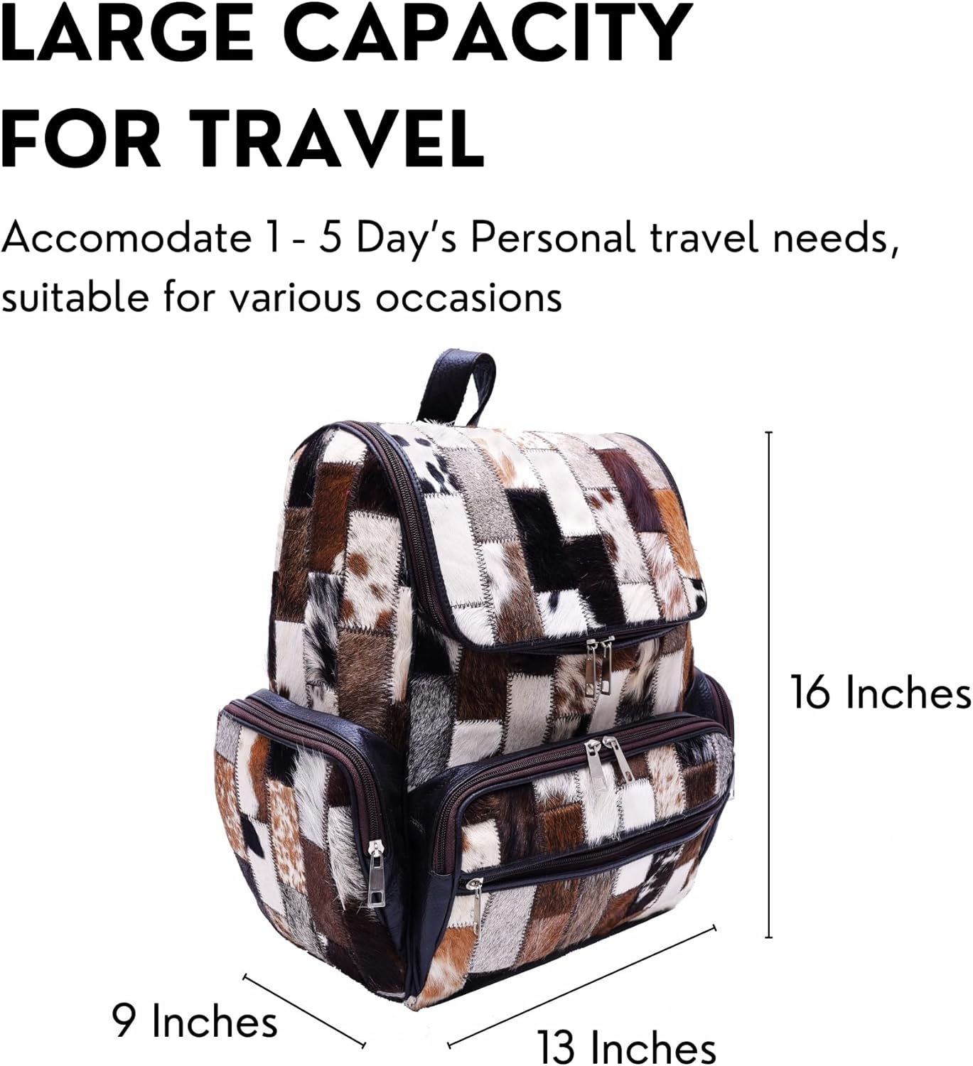 CHAYELL Real Cowhide Backpack for Women Men - Patchwork Hair-On Genuine Full Grain Leather Backpack Laptop Sleeve, 5 Pockets Spacious, Compartment & Sturdy Zippers - Individual Style Cowboy Diaper Bag - Image 5