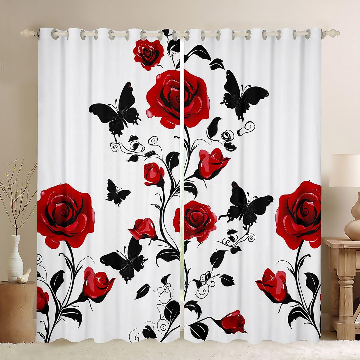Homewish Rideau Occultant 140x245 cm Rose Rouge,Rideau Saint-Valentin Fleurs,Rideaux Voilage Roses Gothiques Papillon Imprimé,Voilage Fenetre Décoration Rose pour Chambre Salon