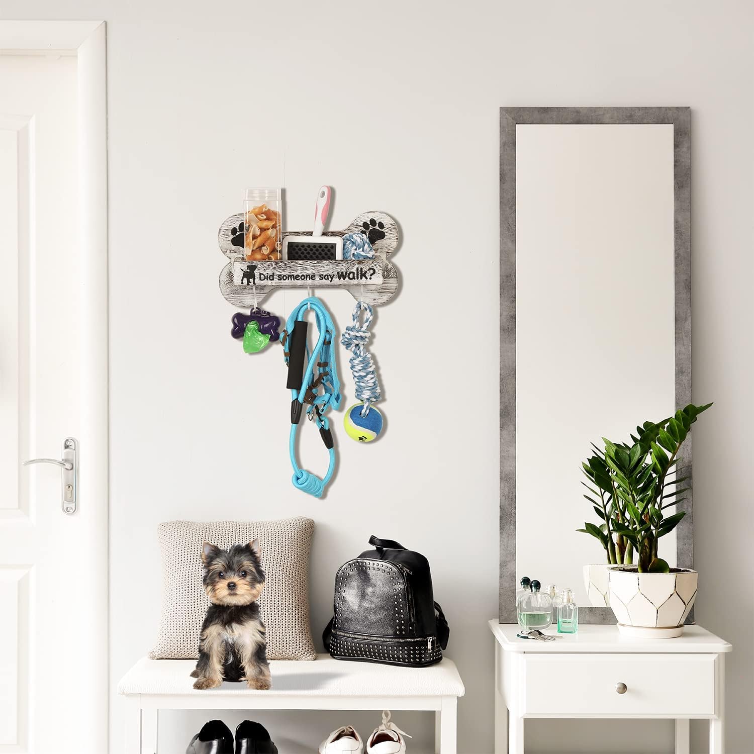 J JACKCUBE DESIGN Rustic White Bone Shape Wall Mounted Dog Leash Holder with 3 Key Holder Hooks and Extra Storage Compartment Box Shelf for Pet Treats, Accessories and more - MK679A