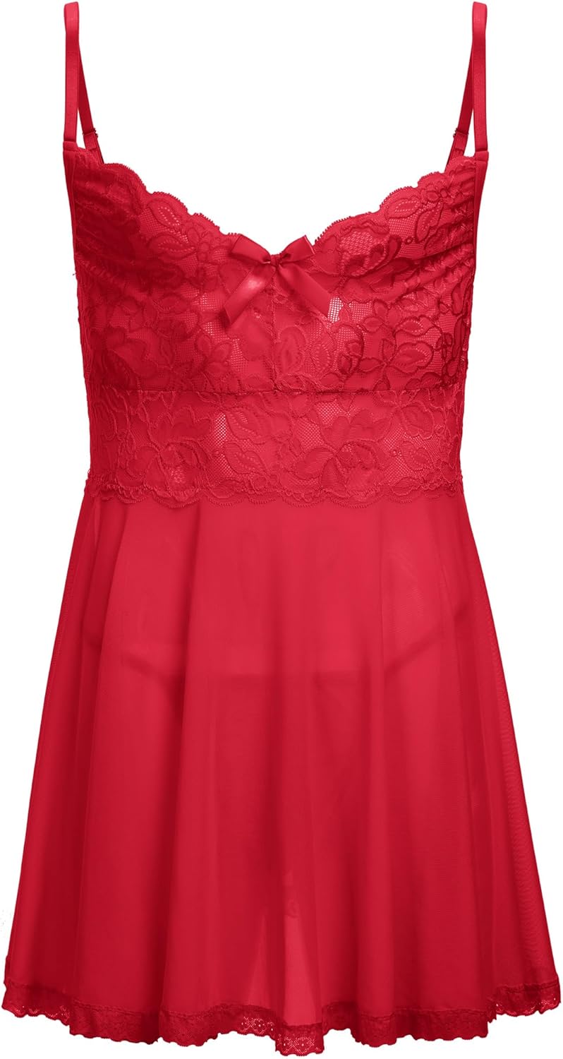 ABAFIP Men's Sissy Lingerie Crossdressing Nightwear Sheer Lace Mesh Nightdress Ruffle V-Neck Nightgown