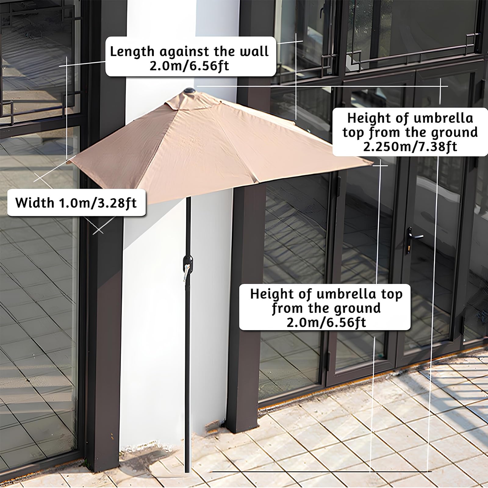 Demi-Parasol De Jardin 2,0m X 1, Parasol Rectangulaire avec Manivelle, Protection UV50+ Imperméable pour Terrasse Balcon Plage, Structure Acier Anti-Rouille – sans Base(Khaki)
