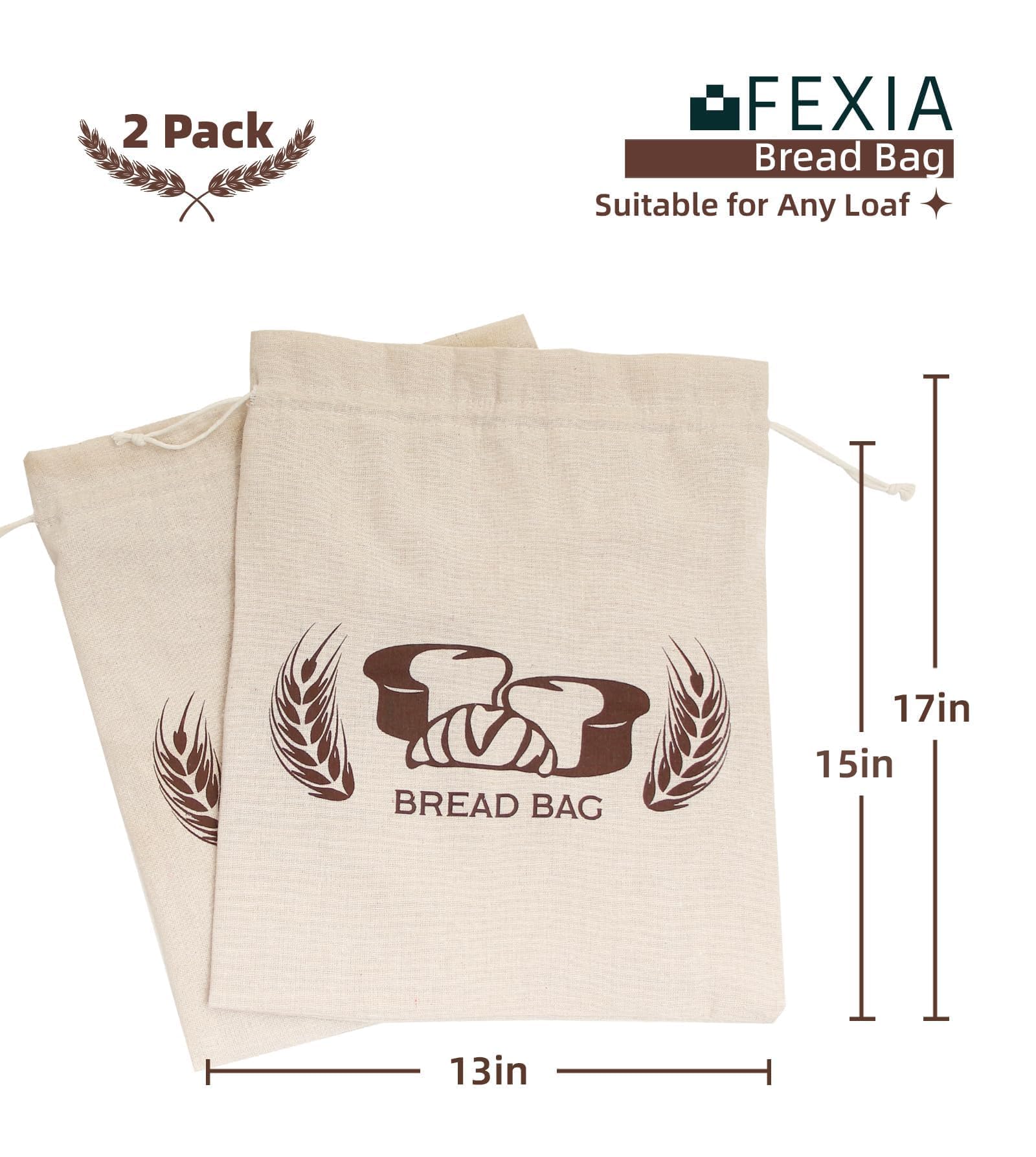 FEXIA Brotbeutel für selbstgemachtes Brot, wiederverwendbar, mit Leinen und Kunststoff, ideal für die Aufbewahrung von Sauerteig und selbstgemachtem Brot, 43,2 x 33 cm, 2 Packungen