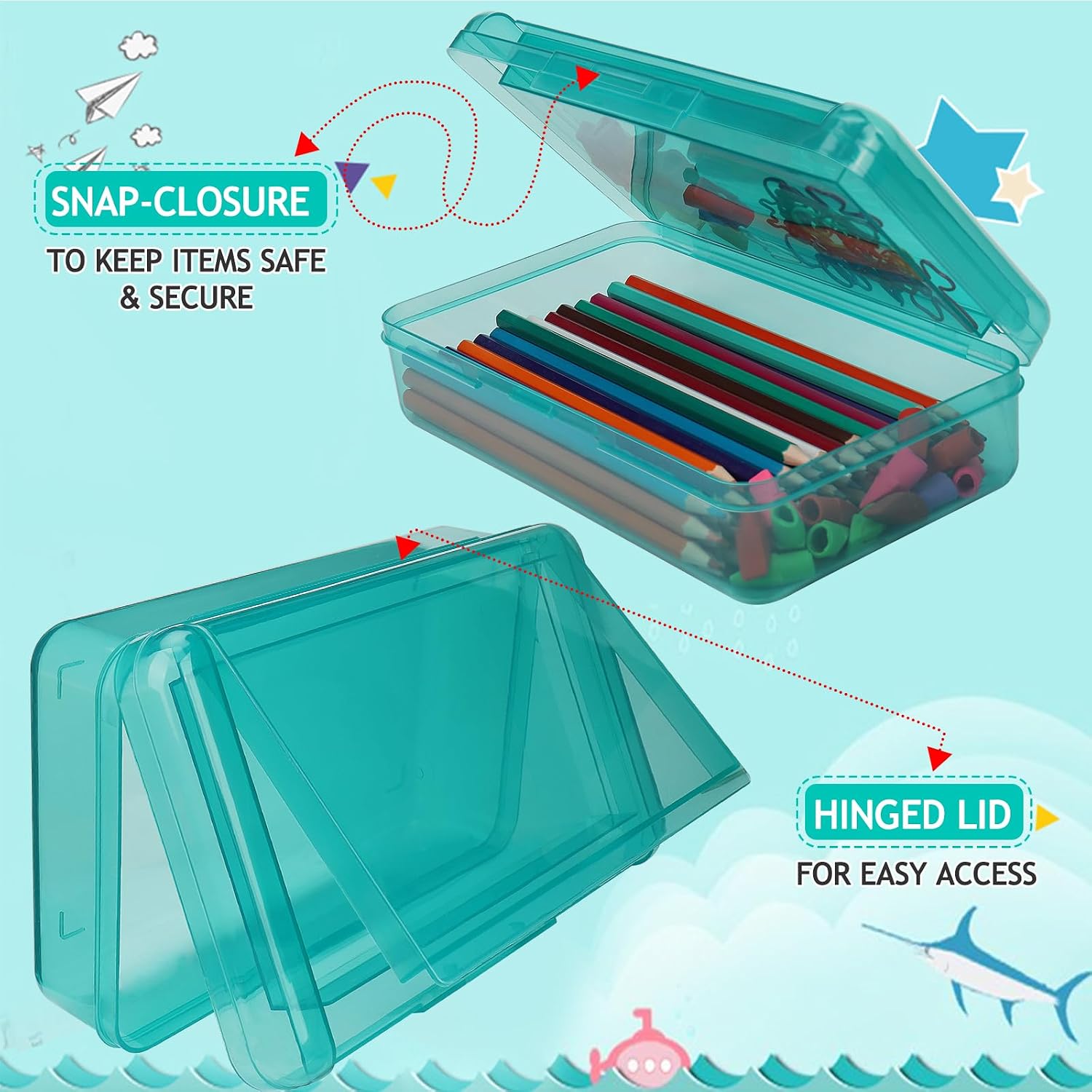 SFLHHDM Large Pencil Box, Double Layer Capacity Pencils Holders, Clear Hard Pen Case with Snap-tight Lid, Plastic Pencil Case for School, Pen Boxes Storage School Box (Turquoise Green-1pcs) image 4