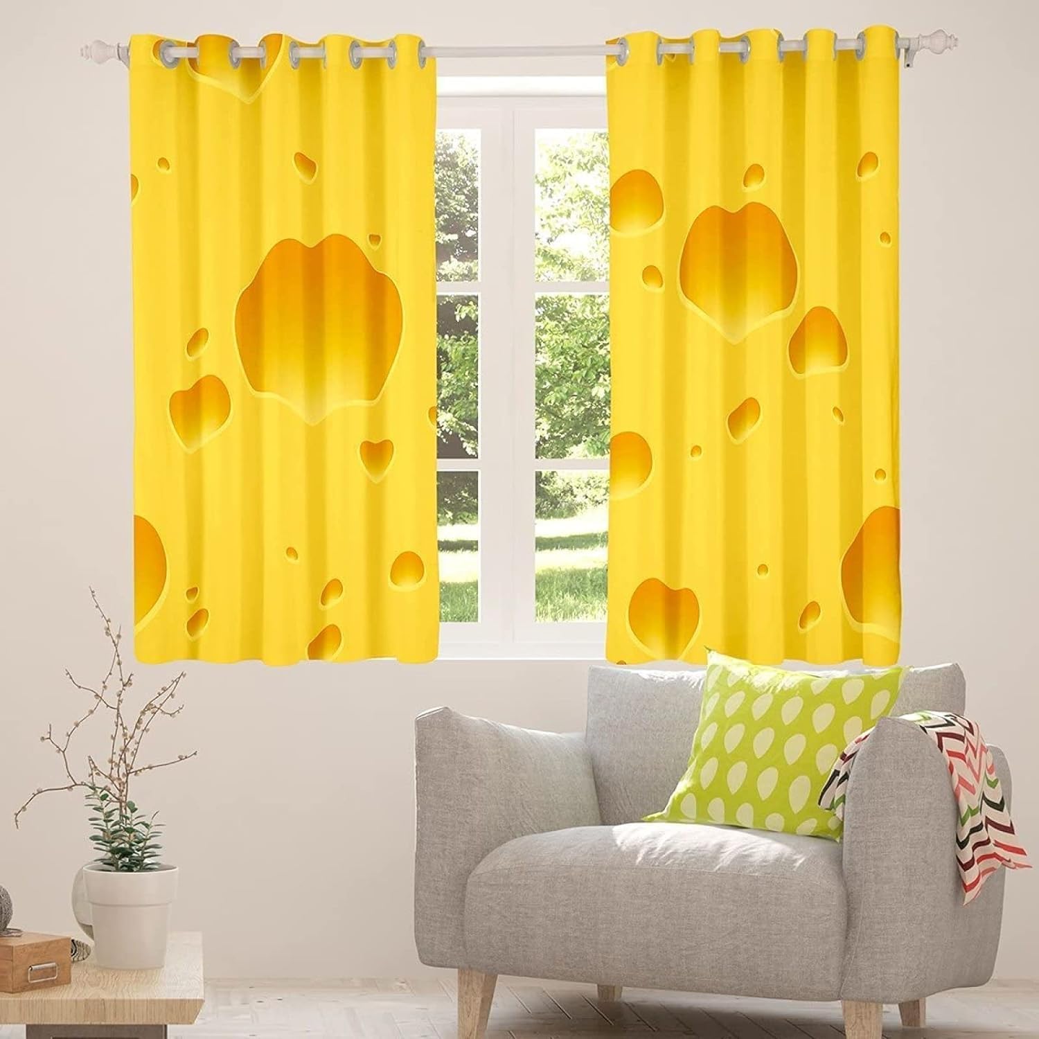 Yellow Cheese Kids 3D Printed Drapes, Food Dessert Blackout Curtains, Grommet Thermal Insulated Window Curtain, for Bedroom Living Room Patio - 1㎡ Custom Size