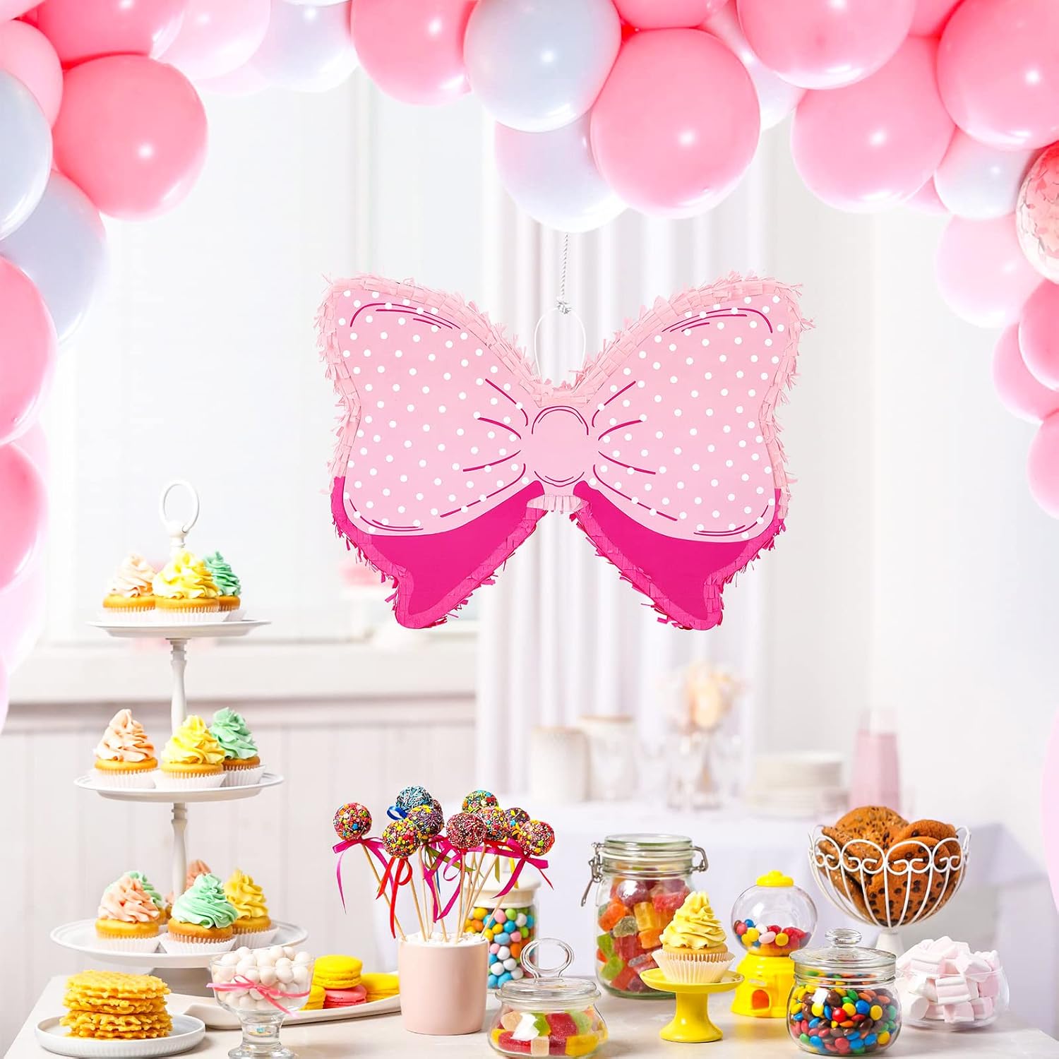 Hungdao Pink Bow Piñata for Girl Birthday Party Decorative Bowtie Piñata with Wooden Stick Blindfold Confetti Set Pink Coquette Birthday Baby School Wedding Supplies(Polka Dot Bow)
