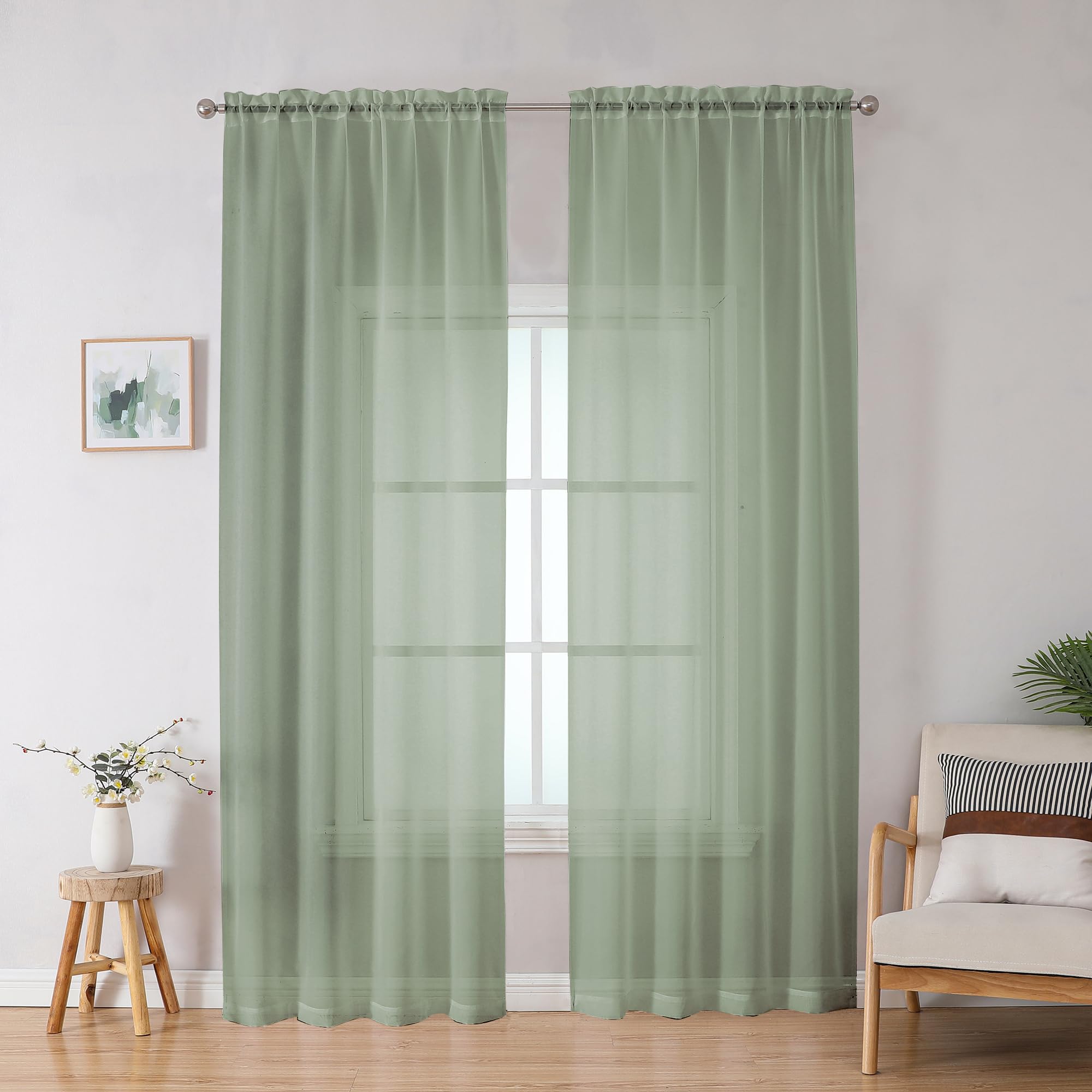 OWENIE Sheer Curtains, Sage Green Sheer Curtains 78 inch Length 2 Panels Set, Rod Pocket Voile Fimly Sheer Drapes for Living Room/Bedroom, 2pcs, Each 42" W x 78" L