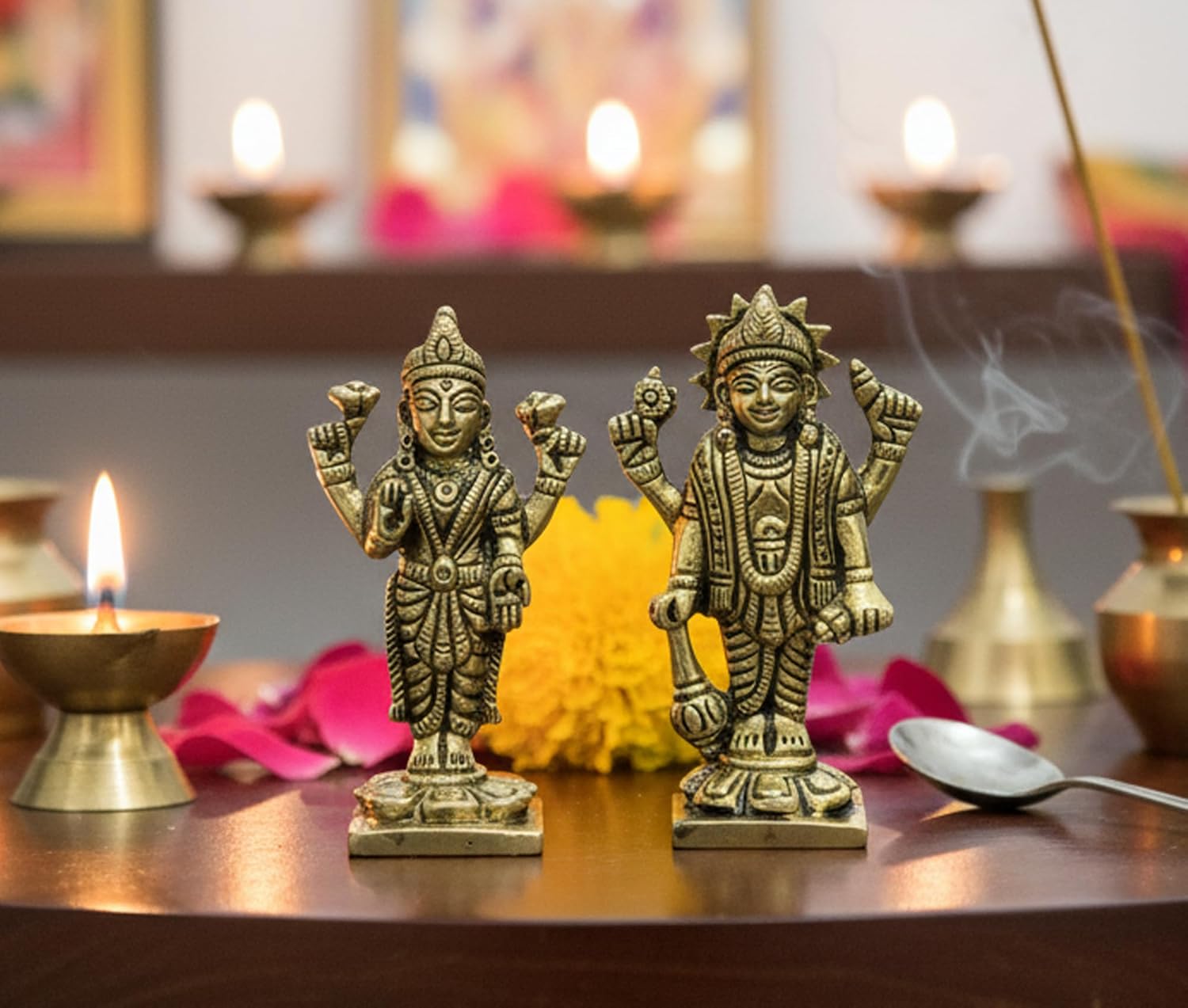 eSplanade Brass Lakshmi Narayan Pair - Lord Vishnu with Laxmi Idol Murti Statue Sculpture - 3 Inches | Pooja Idols | Home Decor
