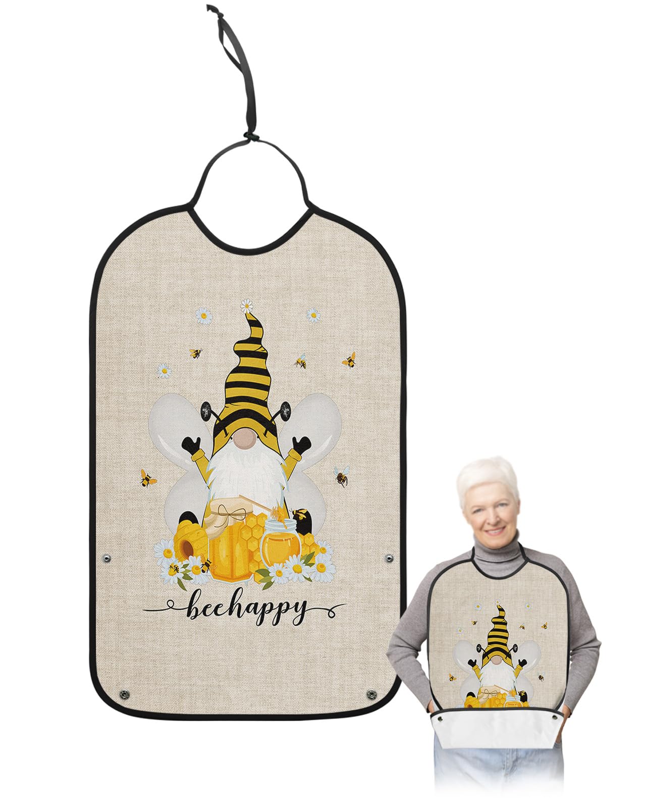 LEOKOTI Summer Gnomes Adult Bibs for Eating, Waterproof Bibs with Food Catcher & Adjustable Snap Closure, Farmhouse Spring Floral Bee Washable Clothing Protectors Adult Bibs for Elderly Women/Men
