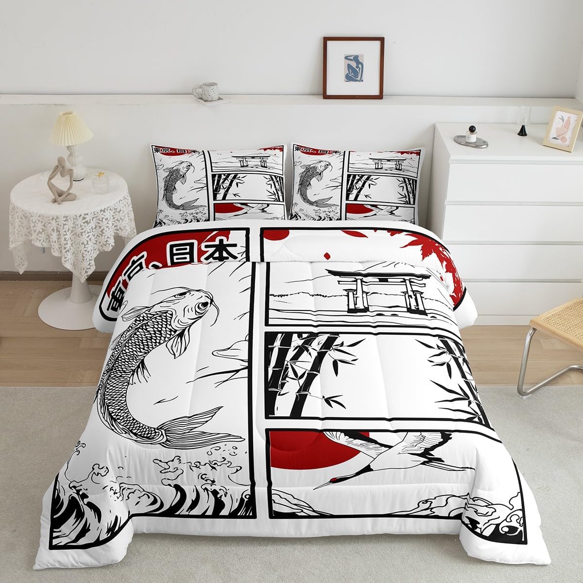 Feelyou Kids Japanese Koi Fish Comforter Set - Full Size Japanese Wave Crane Bedding Set - Boys & Girls Fuji Mountain Bamboo Comforter - Japan Tokyo Style Quilt Set