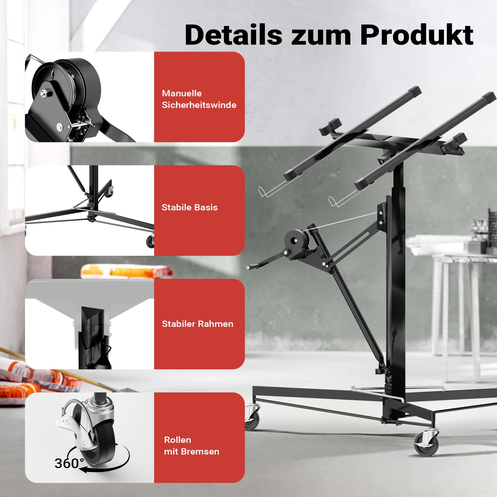 Wiltec XXL Plattenheber bis max. 68 kg, Höhe 140-350 cm, max. Breite 2,90 m, Trockenbau Montagehilfe 1-Mann-Bedienung, 3 Räder mit Feststellbremse, schwarz