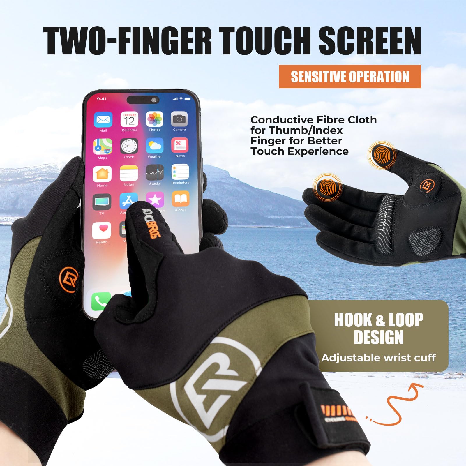 ROCKBROS Fahrradhandschuhe Herren Lang, Touchscreen Warm Skihandschuhe Atmungsaktiv Laufhandschuhe Schneehandschuhe MTB