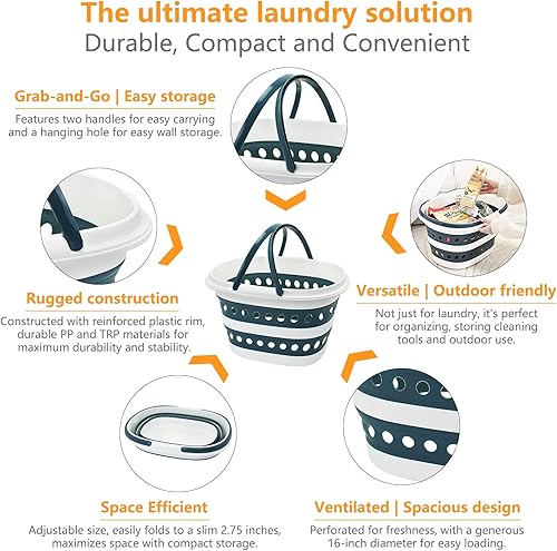 Miniatura 3 de Goderewild Cestas plegables azules extragrandes para la ropa sucia, 7.4 galones (28 litros), con asas, almacenamiento emergente, impermeables,