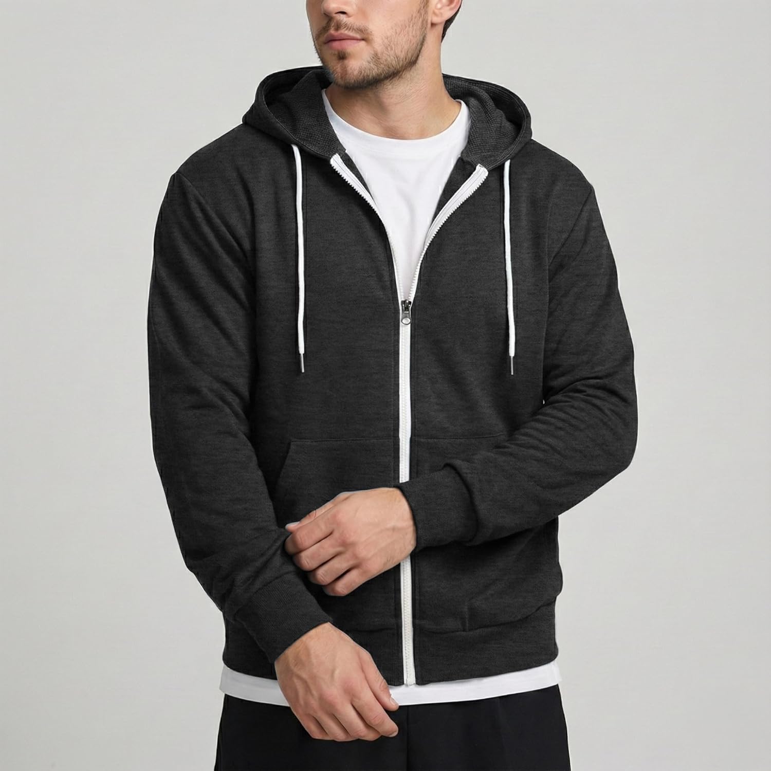 Ohoo Mens Slim Fit Long Sleeve Lightweight Zip-up Hoodie Mixed Waffle Knit with Kangaroo Pocket - Image 3