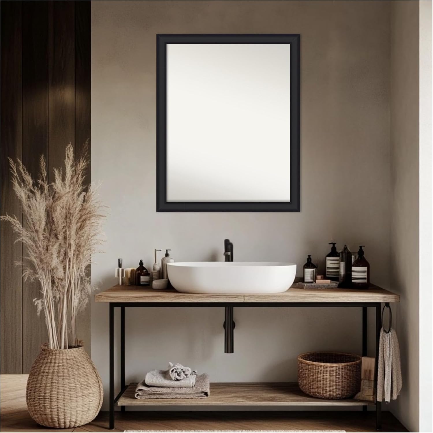 Amanti Art Black Bathroom Mirror for Over Sink, 25x31 Oliver Black Narrow Rectangle Vanity Mirror, Large Modern Wood Frame, Hangs Horizonally and Vertically, Bathroom Wall Decor, Non-Beveled Edge