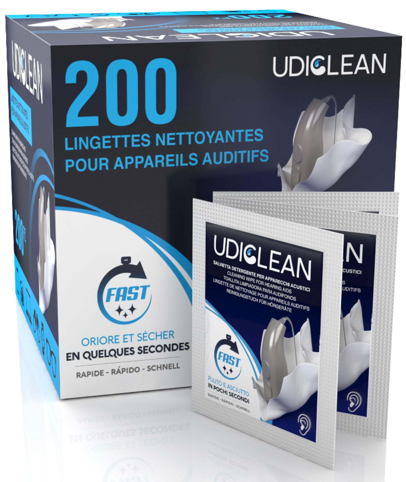 200 lingettes humidifiées Udiclean emballées individuellement pour les appareils auditifs et les implants cochléaires Les lingettes à séchage rapide éliminent la graisse la sueur et la saleté