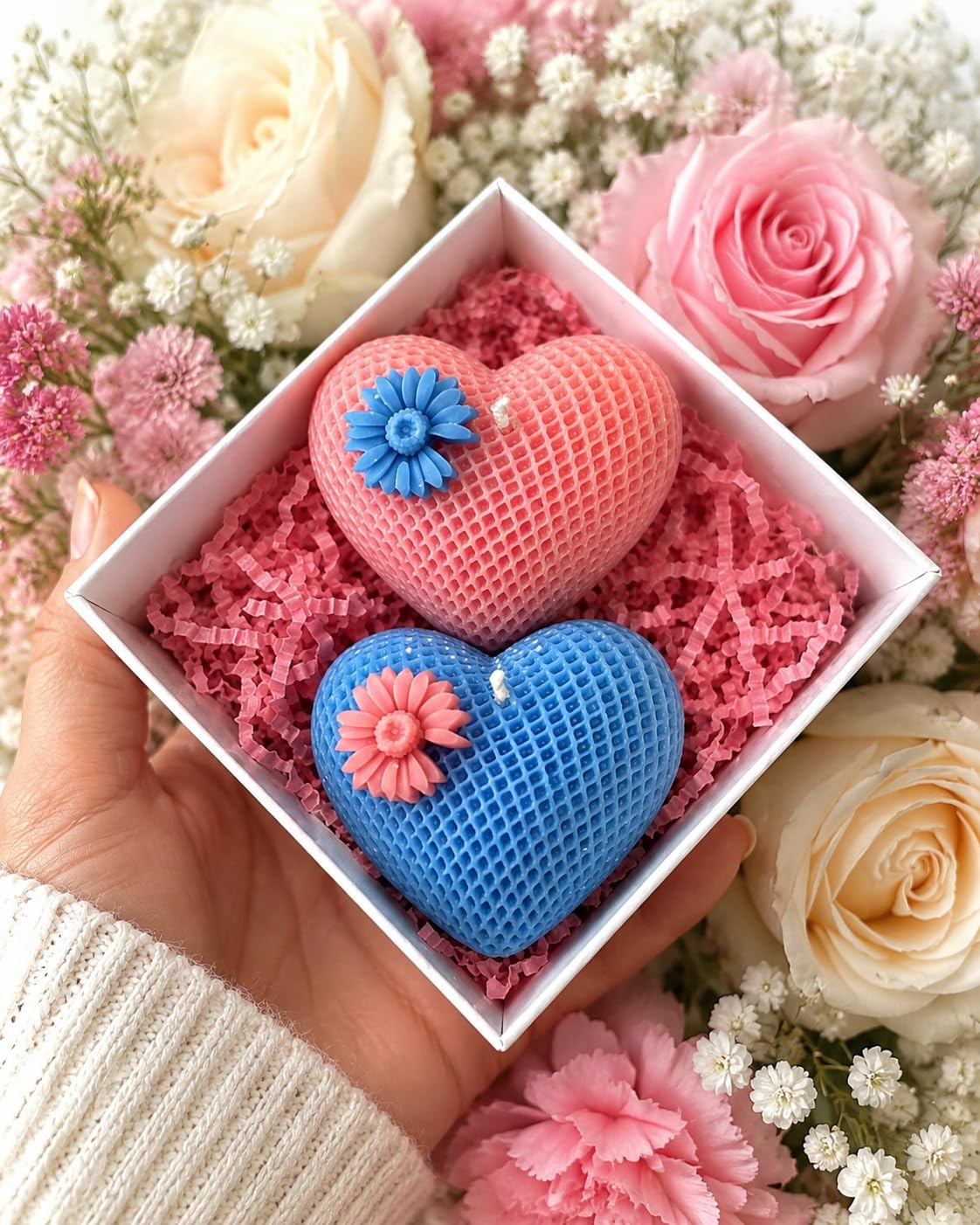 Heart-Shaped Candle Hamper. Designed in Soothing Pastel Shades of Pink and Blue Beautifull Combo-image-2
