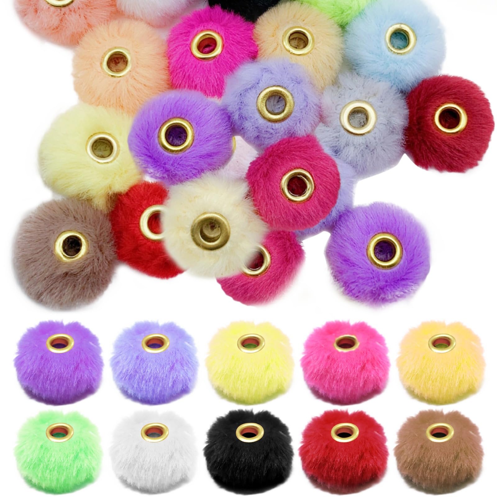 Bastelzubehör, bunte Pompons zum Basteln, kreative Geschenke, Schlüsselanhänger, 20 mm, gemischte Farben, weiche, flauschige Kugelperlen mit Kupferloch, Perlen zum Selbermachen für Schmuckherstellung