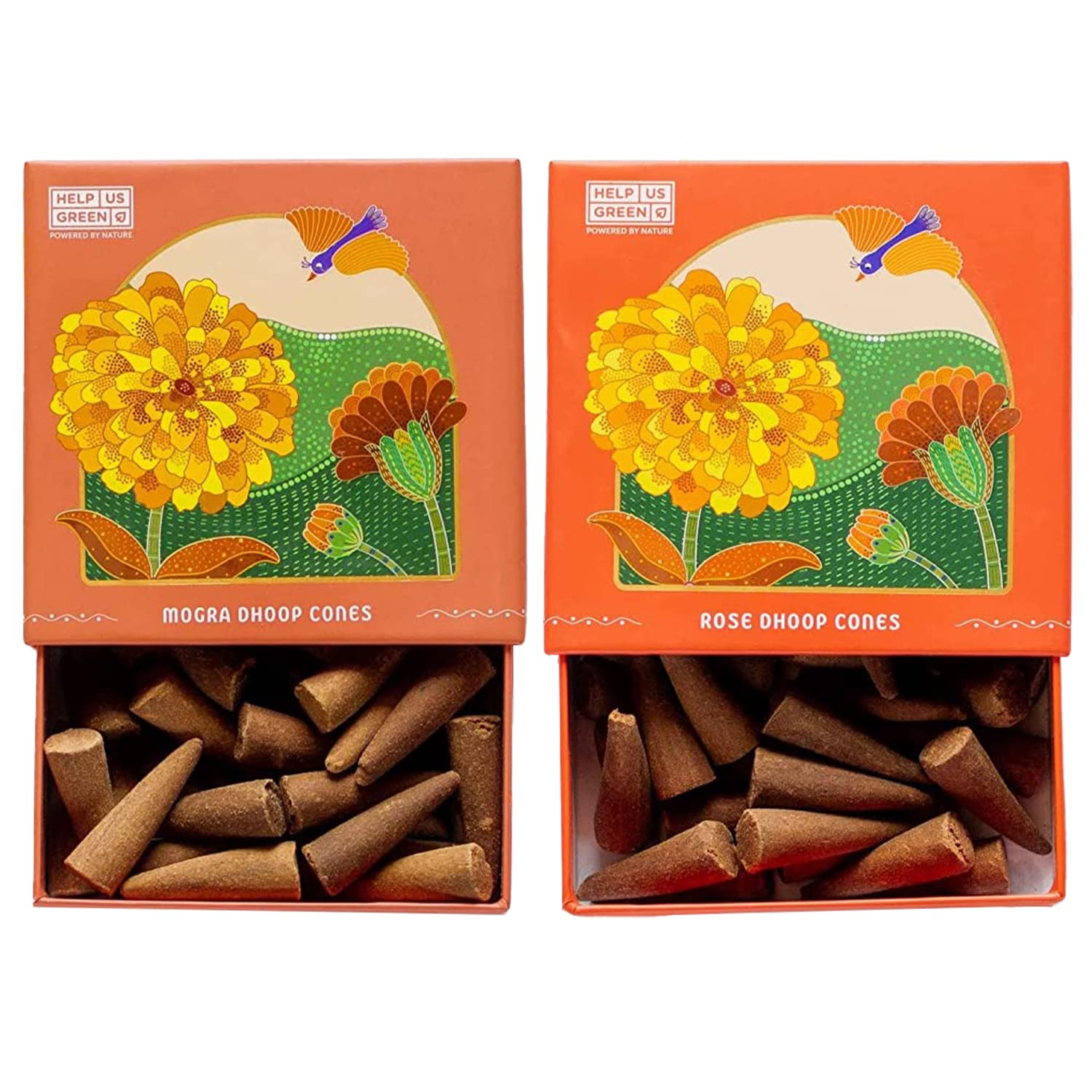 HELP US GREEN Natural Incense Fragrance Mogra and Rose Dhoop Cones with Holder (80 pcs) | Havan for Pooja, Home & Festivals I Natural Guggal/Loban Original |Pack of 2 (40 Cones/Pack)