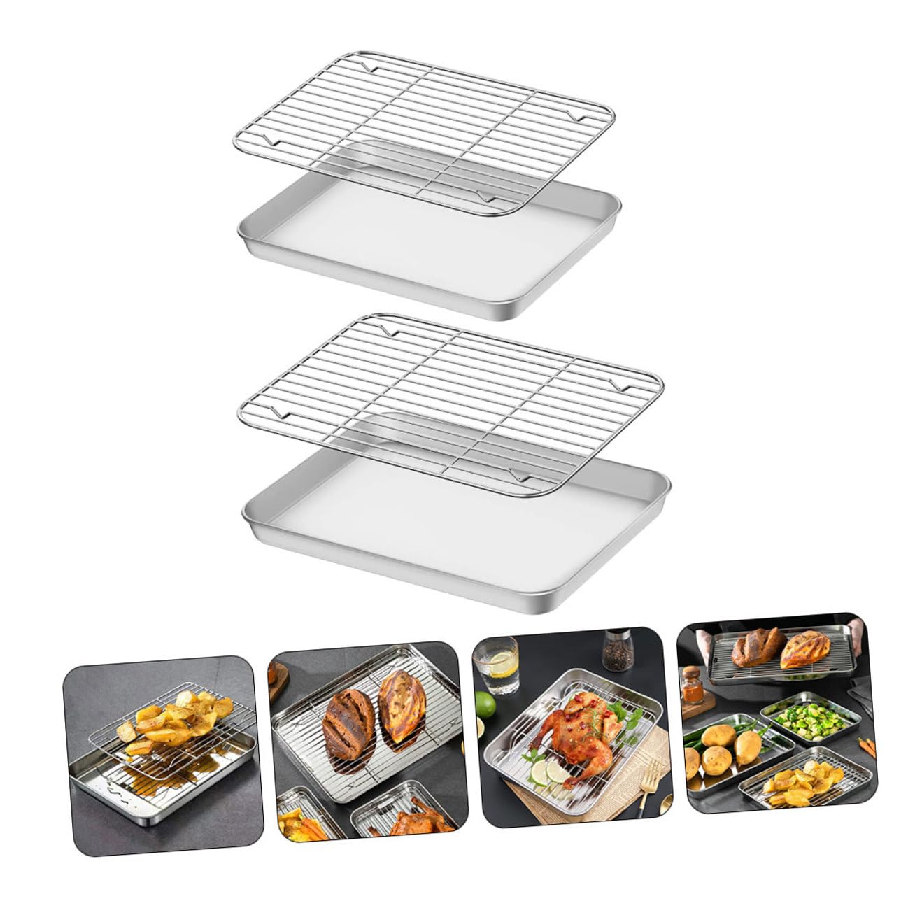 Bandejas para Hornear Duraderas y Antiadherentes de Acero Inoxidable Juego de 2 con Rejilla Ideales para Hornear y Enfriar Alimentos en Cocina