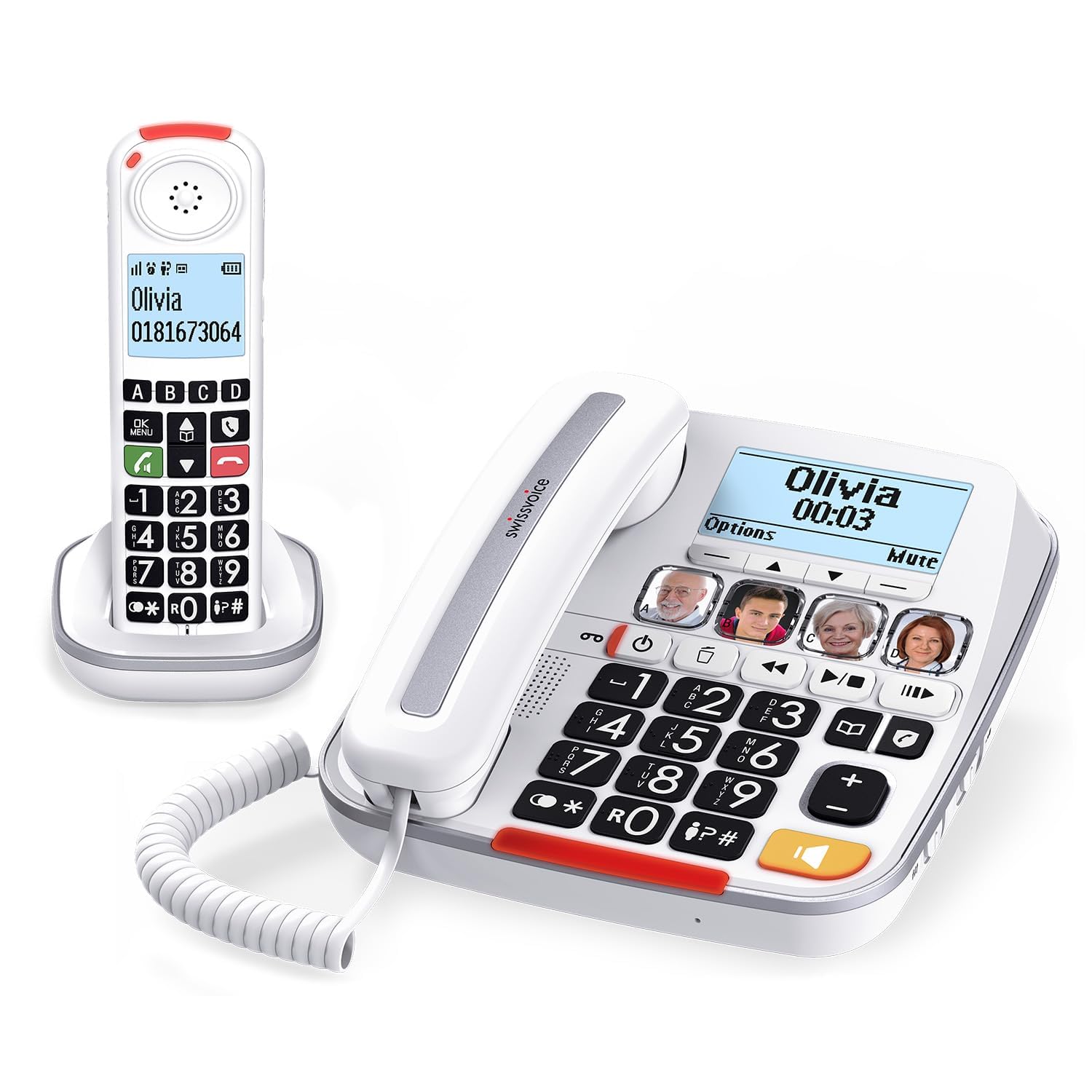 SWISSVOICE - Xtra 3355 Combo - DECT - Telefono con filo per anziani + telefono cordless - Tasti grandi - Segreteria - Audio Boost - Suonerie forti - Compatibile apparecchi acustici - Blocco chiamate