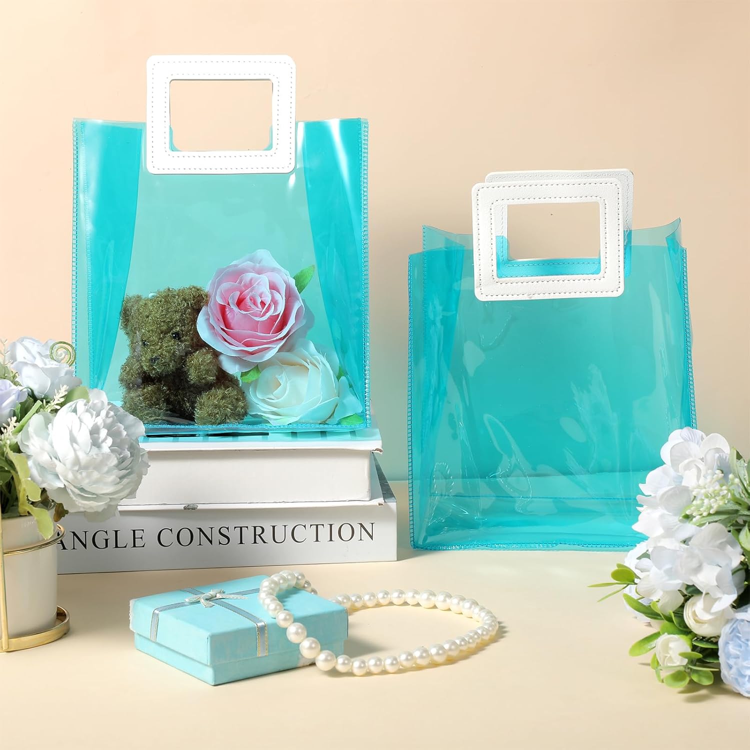 Paterr 20 Pcs Clear Reusable Gift Bags Wedding Wrap Tote Bag with Handles 7.9 x 8.3 x 3.9 Inch PVC Holographic Gift Favor Bags for Wedding Valentine's Day Bridal Party Birthday Mother's Day(Sky Blue) - Image 6