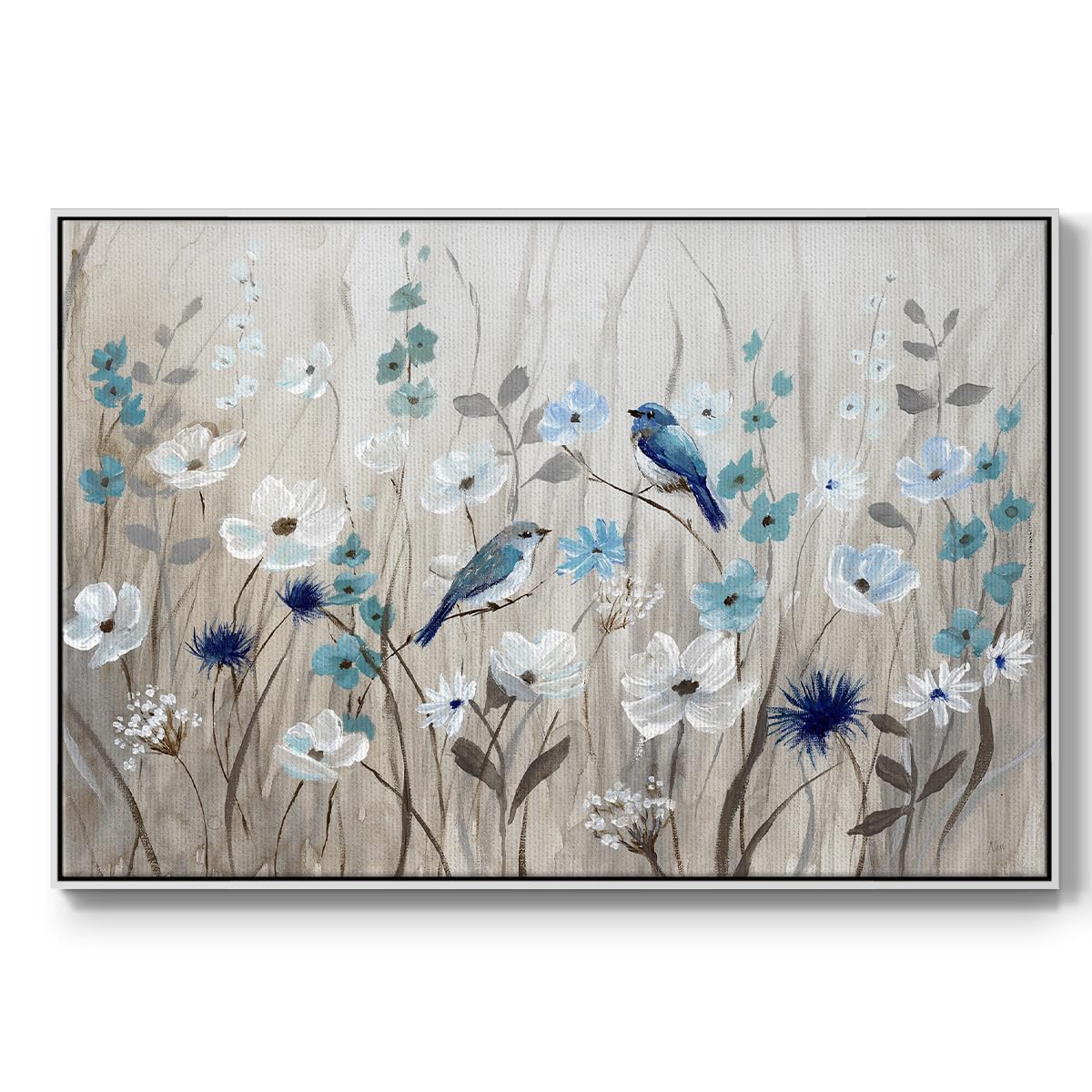 Renditions Gallery Nature Wall Art for Home Blue Birds in Spring Floater Framed Artwork Prints & Paintings for Bedroom Office Kitchen - 25"X37" White
