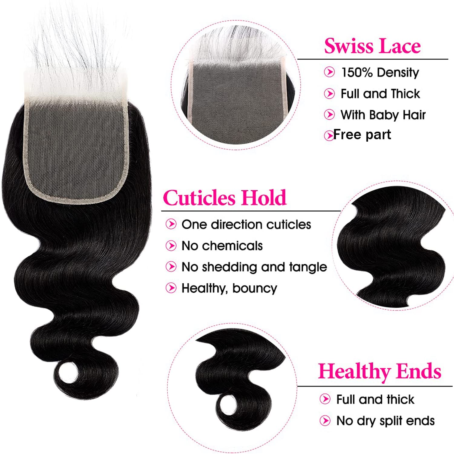 HD Body Wave Closure 5x5 Transparent Lace Frontal Closure 12A Virgin Remy Human Hair Pre Plucked With Baby Hair Natural Black Color (14inch)