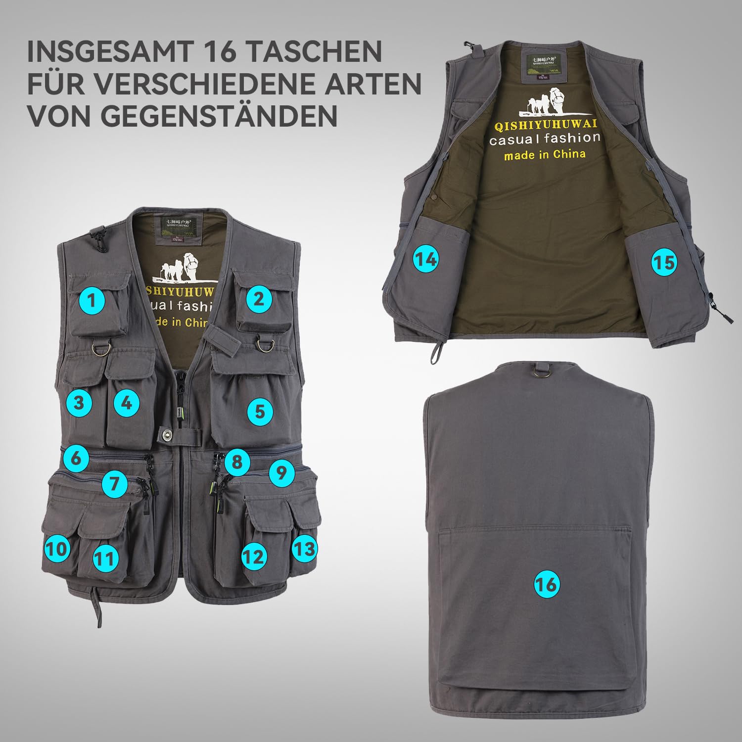Gilet de Pêche pour Homme Multi-Poches Gilet Reporter de Plein air Veste sans Manches de Travail Gilet de Chasse Photographie