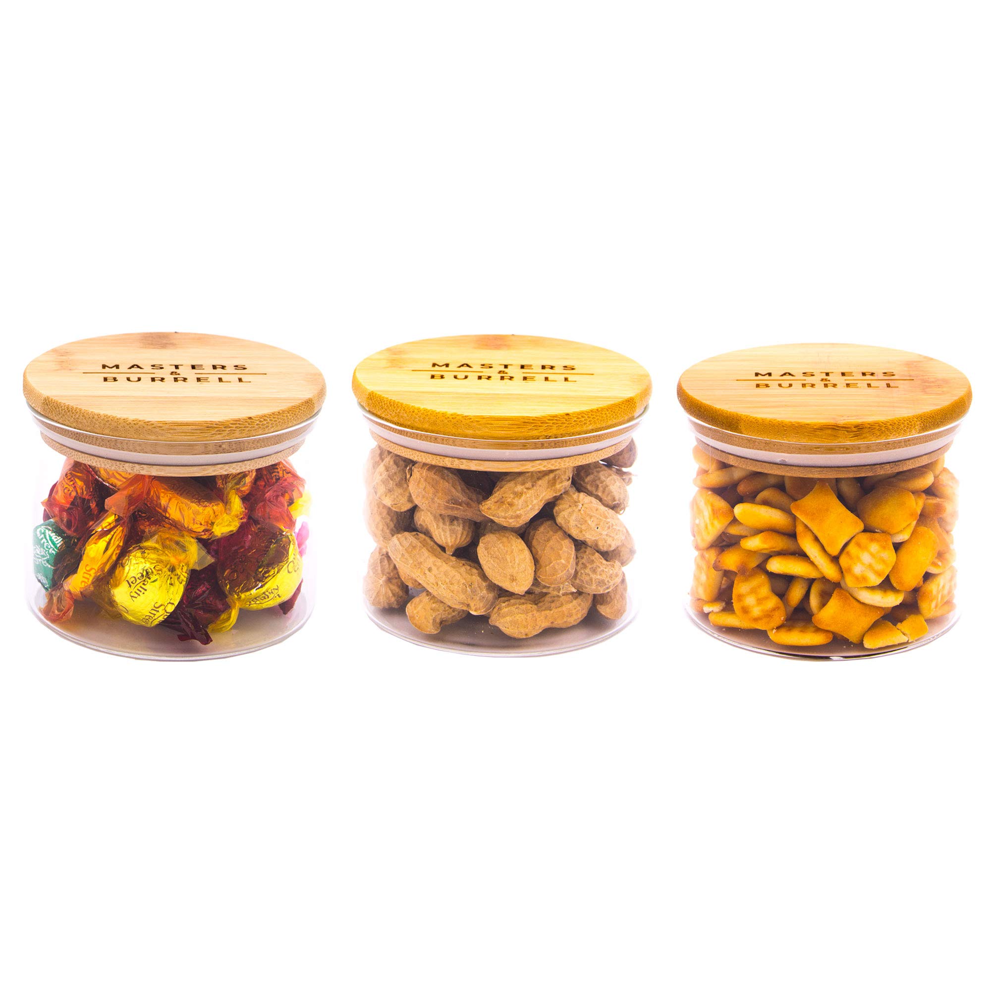 Storage Jars with Bamboo Lids Silicone Ring Airtight Glass Kitchen Food Storage Containers Clear Food Canister Includes Sticker and Chalk M&B (500ml - 3 Pack)