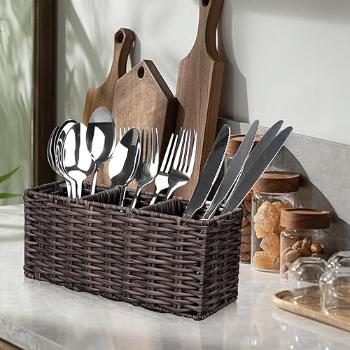 Miniatura 4 de Ayiaren Cubertería de mimbre para cubiertos, soporte para utensilios de cocina marrón para encimera, organizador de cubiertos, contenedores de