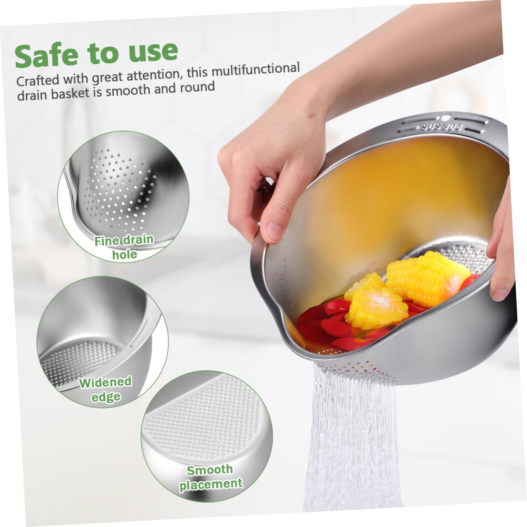 GLEAVI Lavadero de Arroz Acero Inoxidable Colador Multifuncion para Cocina Tazón Escurridor Alimentos Lavar Arroz Fruta Vegetales