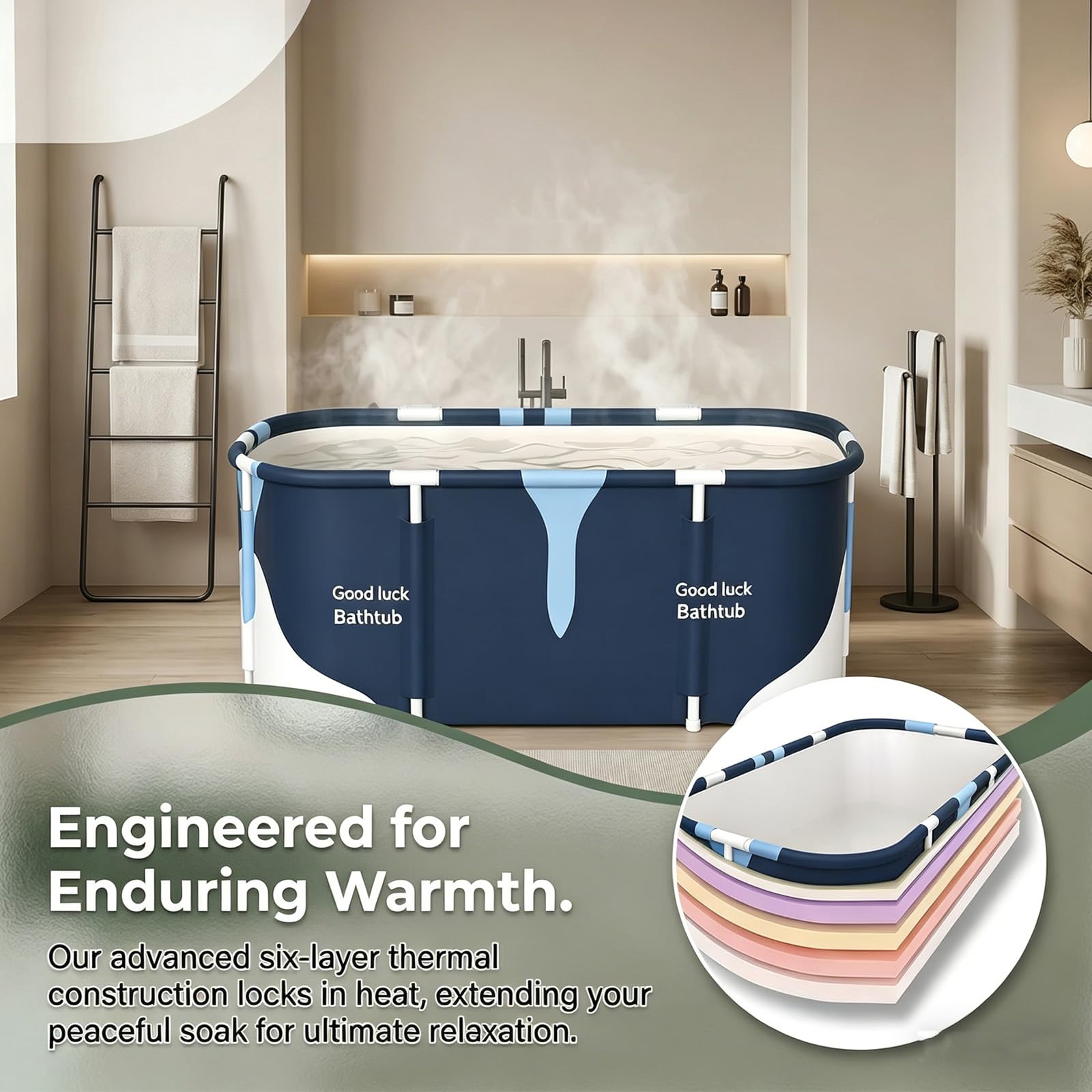 Vasca da bagno portatile 140 cm x 60 cm x 55 cm, pieghevole per adulti, vasca idromassaggio per bagno e cabina doccia